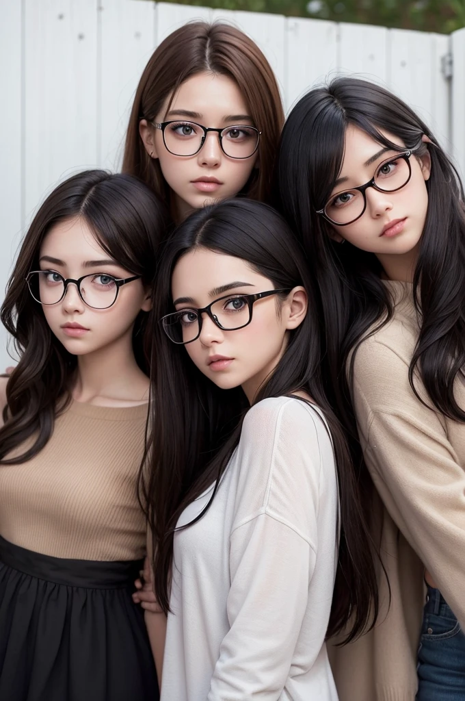 Two girl, one with shoulder-length curly hair in black, Square glasses on the face, fair skin and dark brown eyes, and another girl with brown hair down to his neck with red highlights, dark skin and freckles on the cheek, dark brown eyes