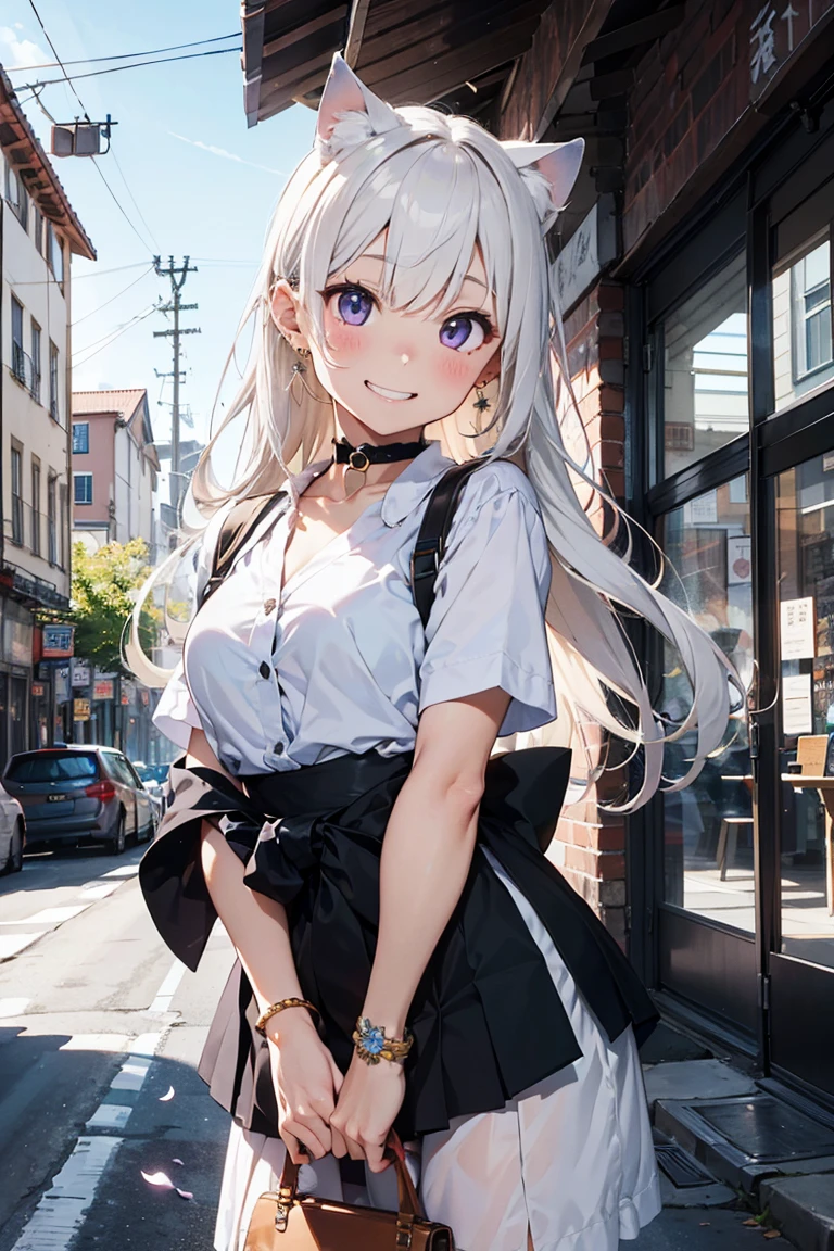 (((masterpiece))), (((Highest quality))), ((Very detailed)), ((Very detailedなイラスト)), ((Ultra-fine painting)), (16K Highest quality wallpaper:1.4), (Detailed and elaborate illustration style,:1.8) Detailed skin texture, High quality fabric, , (T-masterpiece), (Very detailedな顔:1.4), original, RAW Photos, Professional, Intricate details, Very detailed, Direct sunlight:1.6, ,(Cowboy Shot:1.9)、(Perfect Anatomy:1.4), (Extremely elaborate hands:1.2), (Very elaborate fingers:1.2), (Very elaborate fingers先:1.2),, (alone:1.6), (beautiful and adorable cat ears:1.6), (Intricate and delicate white cat ears:1.4), (beautiful, Shiny white hair:1.6), (Very fine and delicate white hair:1.4),, (Very detailedな顔:1.4),(Light purple eyes:1.4),(smile:1.4),, whole body,
One Girl, bangs, black choker, black tie, blonde, b, blush, bracelet, chest, choker, clothes Surrounding area waist, clavicle, collared shirt, Cowboy Shot,, ear Earrings, Eyebrows visible through hair, Gradient Hair, Grin, Improve, jewelry, Kogal, Long Hair, View your audience,, Earrings, ring, , shirt, skirt, smile, alone, white shirt,
street, null, Gerbera petals,shape, (Hakama:1.3), (Bow and Arrow:1.3), fashionable, woman, Vibrant, Costumes, stop temporarily, front, colorful, dynamic, background, element, Be confident, performance, Holding, statement, accessories, Majestic, Coiled, Surrounding area, touch, scene, article, cover, bold, to attract attention, title, stylish, font, Catchy, Heading, big, impressive, Modern, tendency, concentrate, fashion,