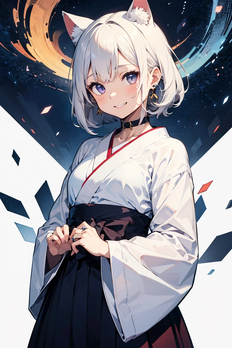 (((masterpiece))), (((Highest quality))), ((Very detailed)), ((Very detailedなイラスト)), ((Ultra-fine painting)), (16K Highest quality wallpaper:1.4), (Detailed and elaborate illustration style,:1.8) Detailed skin texture, High quality fabric, , (T-masterpiece), (Very detailedな顔:1.4), original, RAW Photos, Professional, Intricate details, Very detailed, Direct sunlight:1.6, ,(Cowboy Shot:1.9)、(Perfect Anatomy:1.4), (Extremely elaborate hands:1.2), (Very elaborate fingers:1.2), (Very elaborate fingers先:1.2),, (alone:1.6), (beautiful and adorable cat ears:1.6), (Intricate and delicate white cat ears:1.4), (beautiful, Shiny white hair:1.6), (Very fine and delicate white hair:1.4),, (Very detailedな顔:1.4),(Light purple eyes:1.4),(smile:1.4),, whole body,
One Girl, bangs, black choker, black tie, blonde, b, blush, bracelet, chest, choker, clothes Surrounding area waist, clavicle, collared shirt, Cowboy Shot,, ear Earrings, Eyebrows visible through hair, Gradient Hair, Grin, Improve, jewelry, Kogal, Long Hair, View your audience,, Earrings, ring, , shirt, skirt, smile, alone, white shirt,
street, null, Gerbera petals,shape, (Hakama:1.3), (Bow and Arrow:1.3), fashionable, woman, Vibrant, Costumes, stop temporarily, front, colorful, dynamic, background, element, Be confident, performance, Holding, statement, accessories, Majestic, Coiled, Surrounding area, touch, scene, article, cover, bold, to attract attention, title, stylish, font, Catchy, Heading, big, impressive, Modern, tendency, concentrate, fashion,
