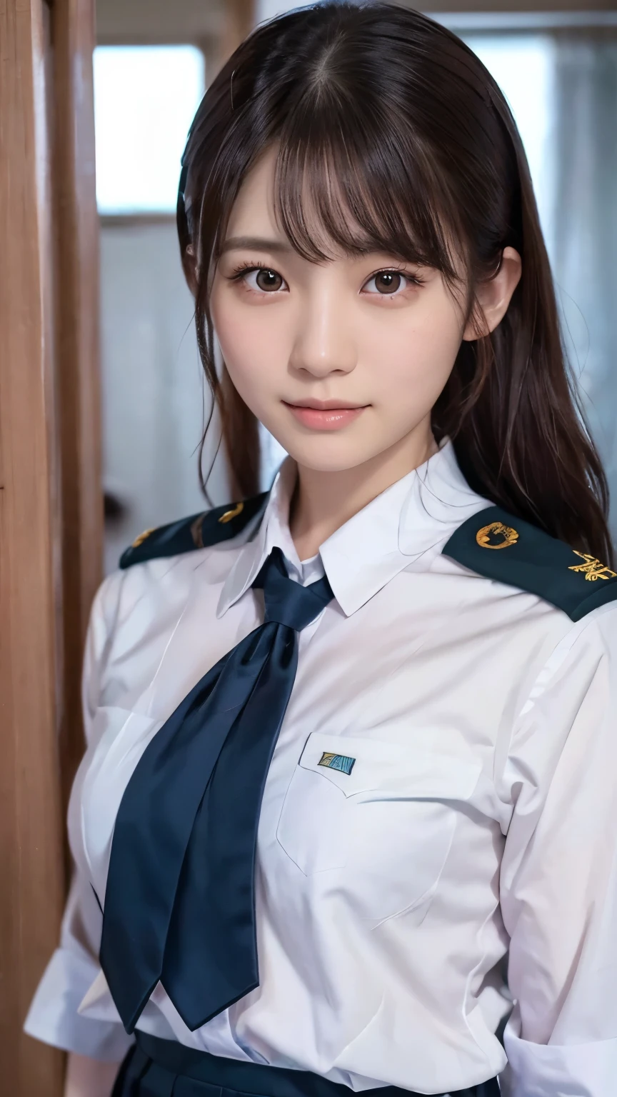 Beautiful young Japanese woman, Around 20 years old, Wear military uniform, Very detailedな, 8K resolution, とてもRealistic, Cinema Lighting, Highest quality, masterpiece, Realistic, Physically Based Rendering, Very detailed, Vibrant colors, Professional, Sharp focus, Studio Lighting.Standing facing forward,Bright smile