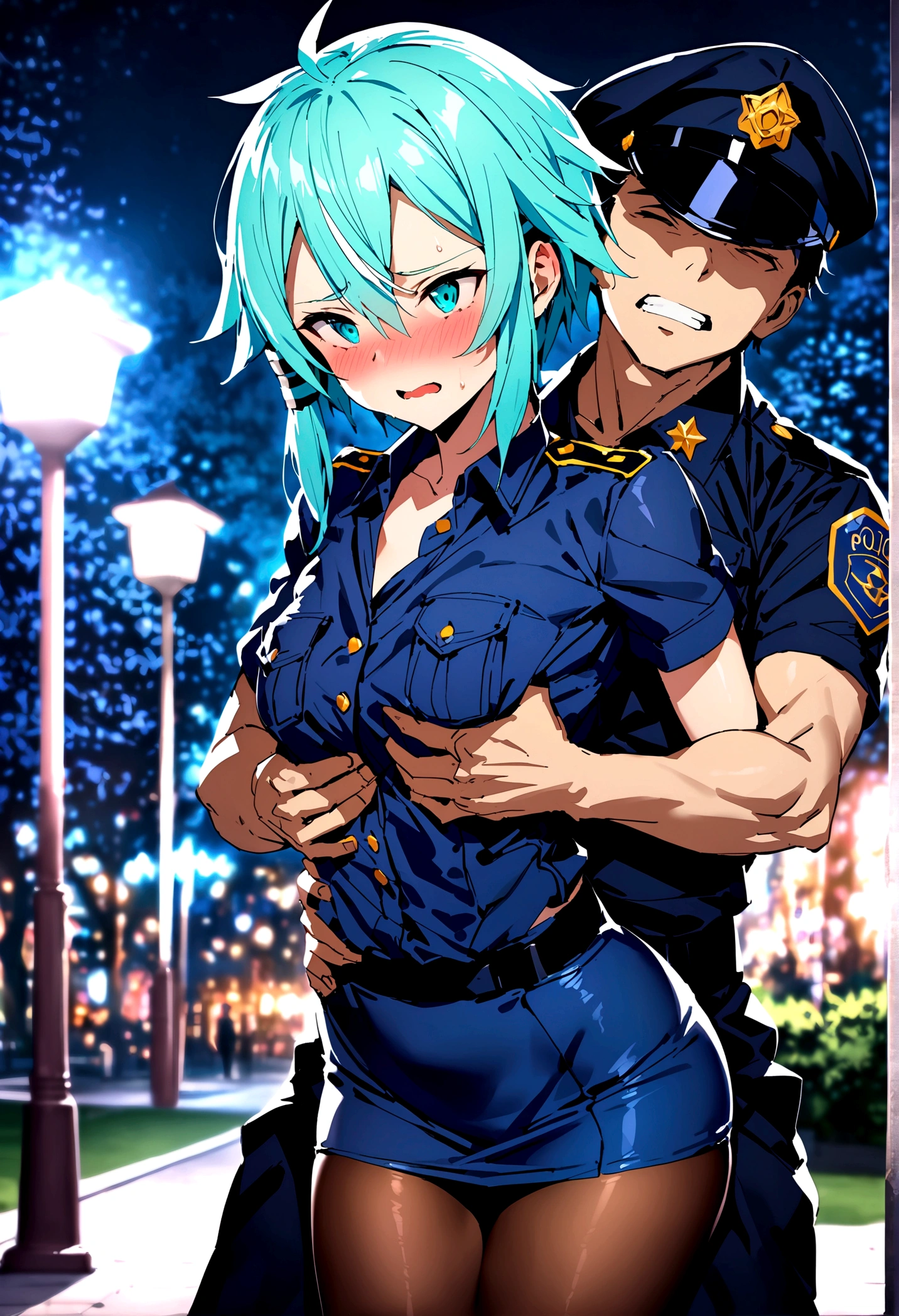 NSFW,masterpiece,Highest quality,High resolution,Super detailed,Sinon\(Sword Art Online\),Police Officer,policewoman,mini skirt,pantyhose,Embarrassed,Estrus,Lust,blush,(Man with bad face),A man puts his hands on her waist and hugs her,(Having sex),Insert,Creampie,Night Park,not popular