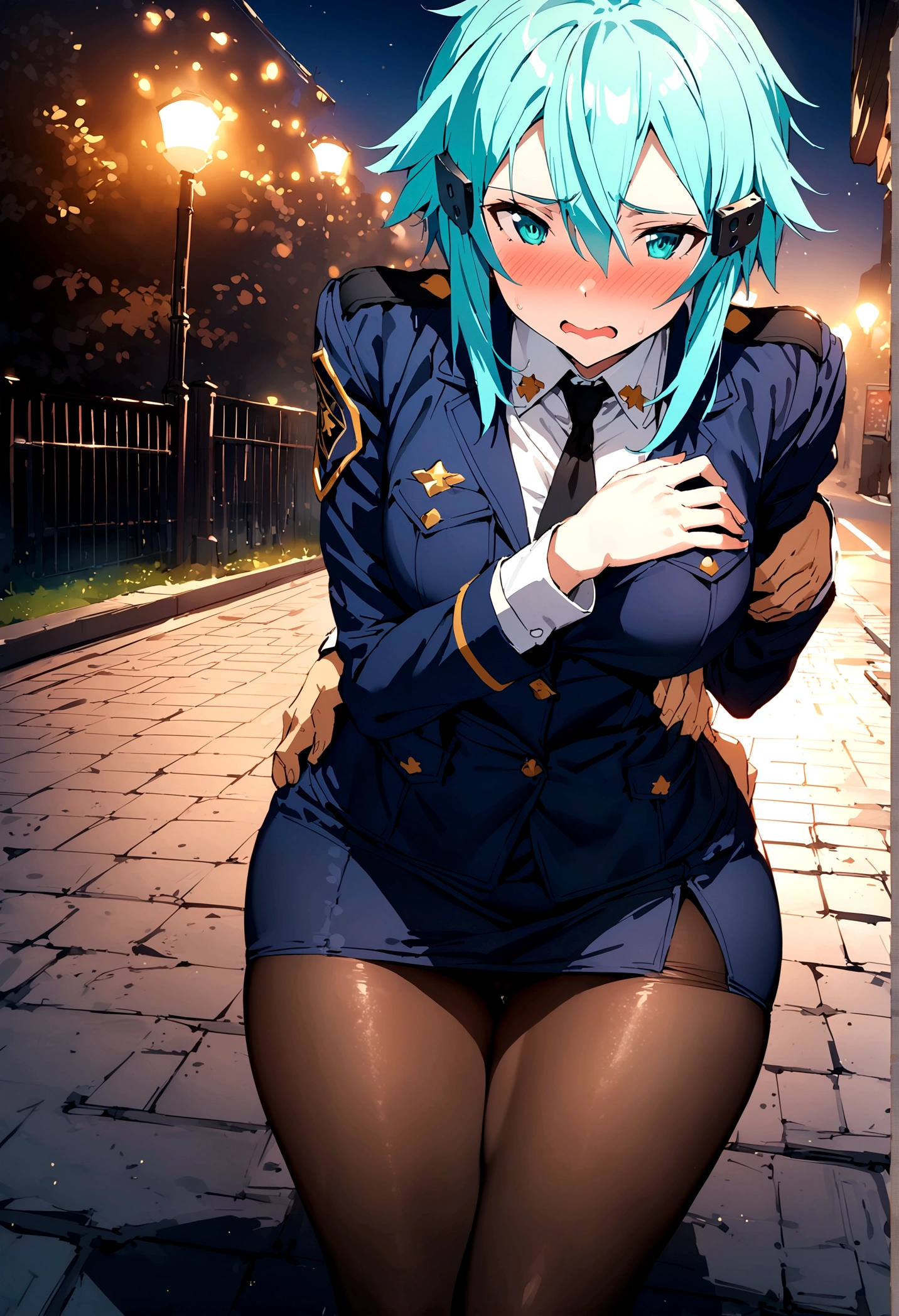 NSFW,masterpiece,Highest quality,High resolution,Super detailed,Sinon\(Sword Art Online\),Police Officer,policewoman,mini skirt,pantyhose,Embarrassed,Estrus,Lust,blush,(Man with bad face),A man puts his hands on her waist and hugs her,(Having sex),Insert,Creampie,Night Park,not popular