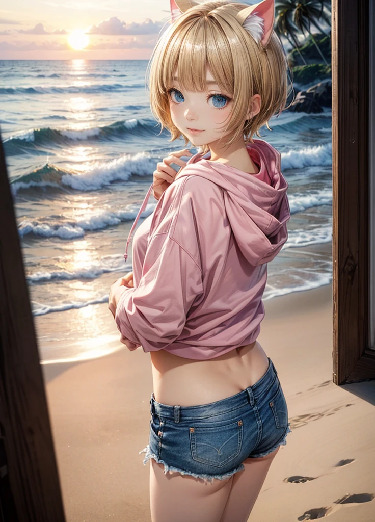 Cat ear、Absurd, Ultra-detailed,Bright colors,(solo),(From the side:1.2),(View your viewers:1.5) (Short blonde hair:1.2),Shiny Hair,(Pink hoodie:1.5),(Black sneakers),Denim shorts,Delicate and beautiful face, blush、(Deep blue eyes:1.4), White skin, (A wistful smile:1.3),Beautiful Clouds,(Standing on the beach, looking to the side with a sad expression:1.3),look at the sea and sunset,At sunset,Waves crashing on the beach,sunlight,Light on the face、Cat ear、Belly on