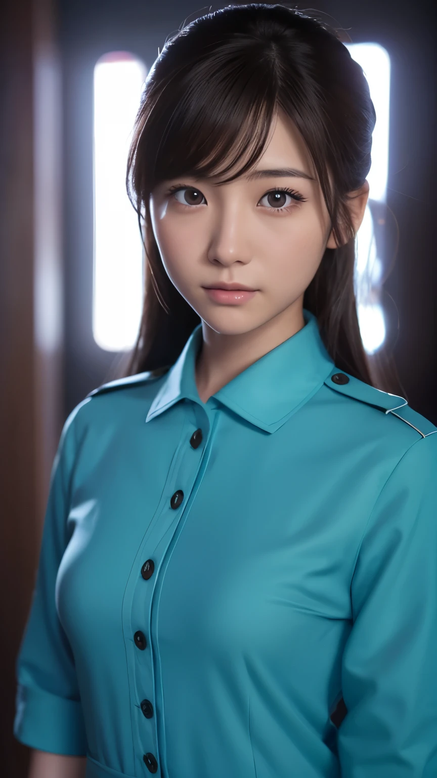 Beautiful young Japanese woman, Around 20 years old, Wearing a stewardess uniform, Very detailedな, 8K resolution, とてもRealistic, Cinema Lighting, Highest quality, masterpiece, Realistic, Physically Based Rendering, Very detailed, Vibrant colors, Professional, Sharp focus, Studio Lighting.Standing facing forward