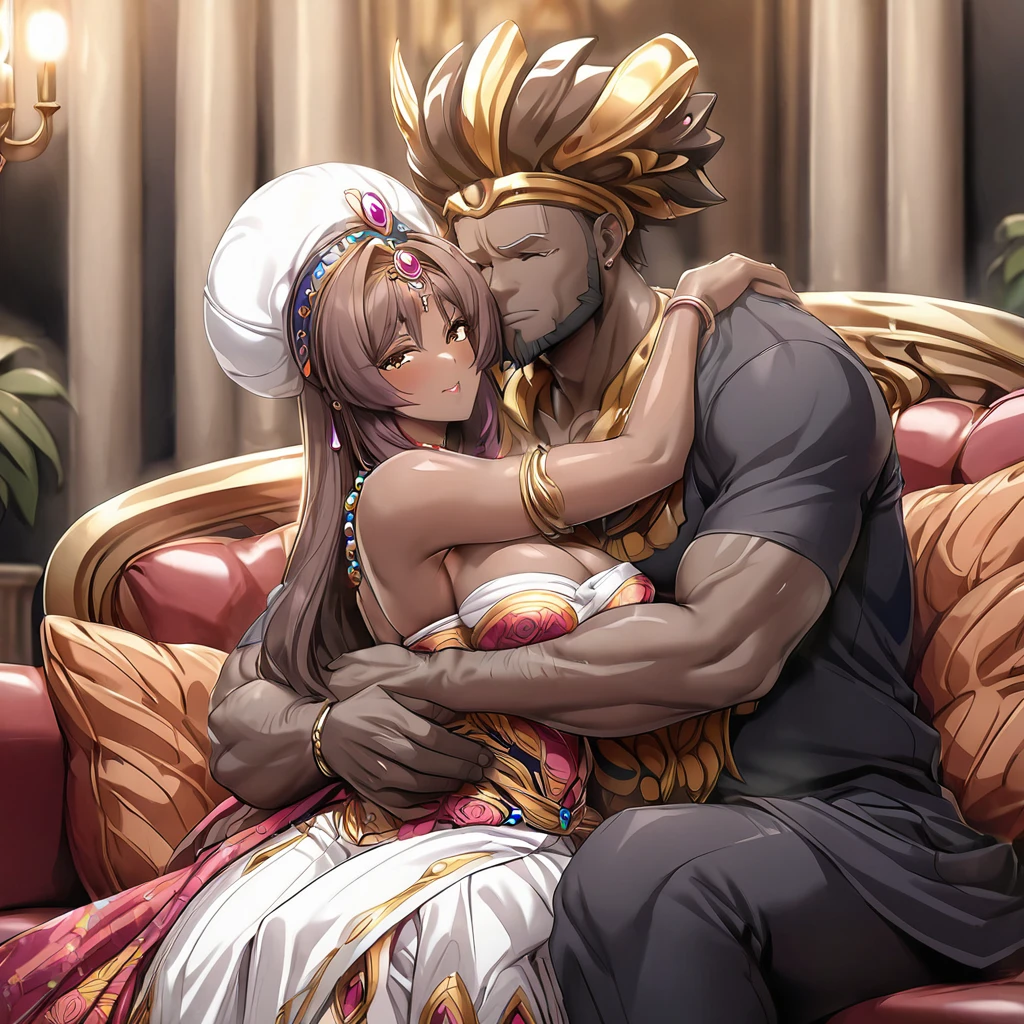 ((Highest quality)), ((masterpiece)), (detailed), (Perfect Face)、The woman is a Ghanaian black woman with vivid dark brown skin, Katsuragi Marina, and is wearing a gorgeous, colorful, glittering Ghanaian dress, a colorful turban head scarf, gorgeous jeweled accessories and an engagement ring in a luxurious Ghanaian mansion. The woman and the man are sitting on a luxurious, large sofa in the luxurious room, and the woman is passionately embracing and passionately deep kissing the dignified, bearded, middle-aged Ghanaian man wearing Ghanaian traditional clothing, making passionate love as a married couple.、The woman is the elegant Marina Katsuragi, with brown rose-colored hair, wearing a colorful Ghanaian dress, a colorful turban head scarf, and a vivid dark brown skin. She is a black Ghanaian.、(The woman is a black Ghanaian with vivid dark brown skin.)、The man is a dignified, burly, bearded Ghanaian man wearing a smock.
