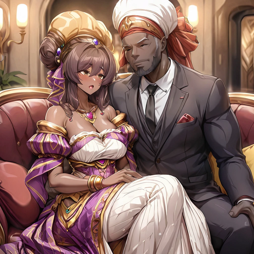 ((Highest quality)), ((masterpiece)), (detailed), (Perfect Face)、The woman is a black Ghanaian with vivid dark brown skin, Katsuragi Marina, and is wearing a gorgeous, colorful, glittering smock, a colorful turban head scarf, gorgeous jeweled accessories, and an engagement ring in a luxurious Ghanaian mansion. The woman and the man are sitting on a luxurious, large sofa in the luxurious room, and the woman is passionately embracing and passionately deep kissing the dignified, bearded, middle-aged Ghanaian man wearing Ghanaian traditional clothing, making passionate love as a married couple.、The woman is the elegant Marina Katsuragi, with medium-long brown hair, wearing a colorful smock and a colorful turban head scarf, and has bright dark skin. She is a black Ghanaian.、(The woman is a black Ghanaian with vivid dark brown skin.)、The man is a dignified, burly, bearded Ghanaian man wearing a smock.