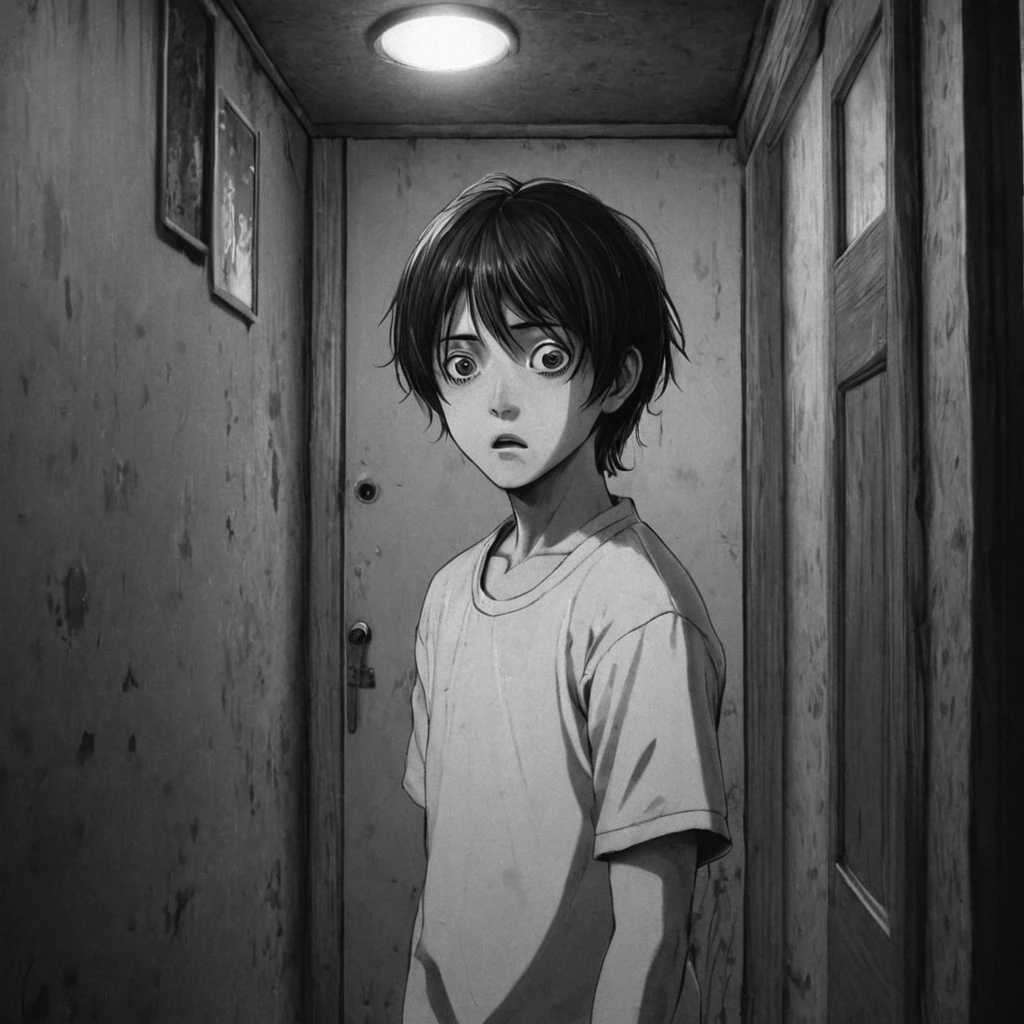 flashlight in a haunted house, (anime), bizarre scenario, This is Junji, Yusuke Murata, black and white, 8K, anime, horror