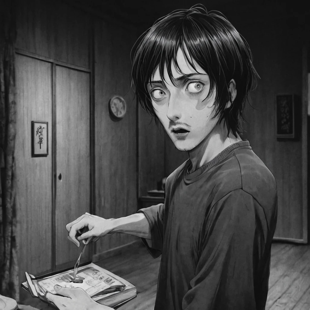 flashlight in a haunted house, (anime), bizarre scenario, This is Junji, Yusuke Murata, black and white, 8K, anime, horror
