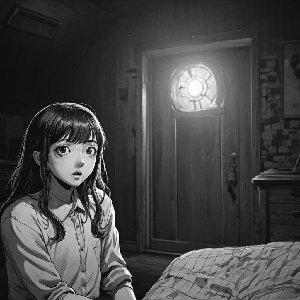 flashlight in a haunted house, (anime), bizarre scenario, This is Junji, Yusuke Murata, black and white, 8K, anime, horror