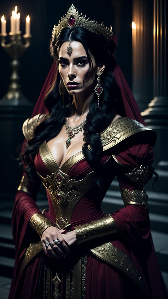 Create an image of a woman in the cemetery and tombs appear.
It has the following characteristics:
Western woman, square face with well-marked jaw and cheekbone, with defined features and intense gaze.
Light brown skin, long, black and wavy hair, with a slight shine, loose or partially tied up with ornaments.
Penetrating brown eyes, with an expression of mystery.
Full, red lips, conveying sensuality and confidence. Wear a long, voluminous period dress, black, with red and gold details.
Bodices and necklines that highlight femininity, but with a touch of class. In her hand a dagger. Accessories such as gold necklaces, large earrings, bracelets and rings with precious stones. The setting is a cemetery and has the presence of mystical elements such as lit candles and skulls on the floor, and red roses scattered across the floor.
An altar in the background, bottles of wine or liquor, and items such as skulls.
Night atmosphere with soft full moon light, creating an aura of mystery and spirituality.Soft smoke all around,
Soft glow surrounds this woman, highlighting her spiritual and powerful presence.
witchcraft scenario and mysticism.
it is a divinity.