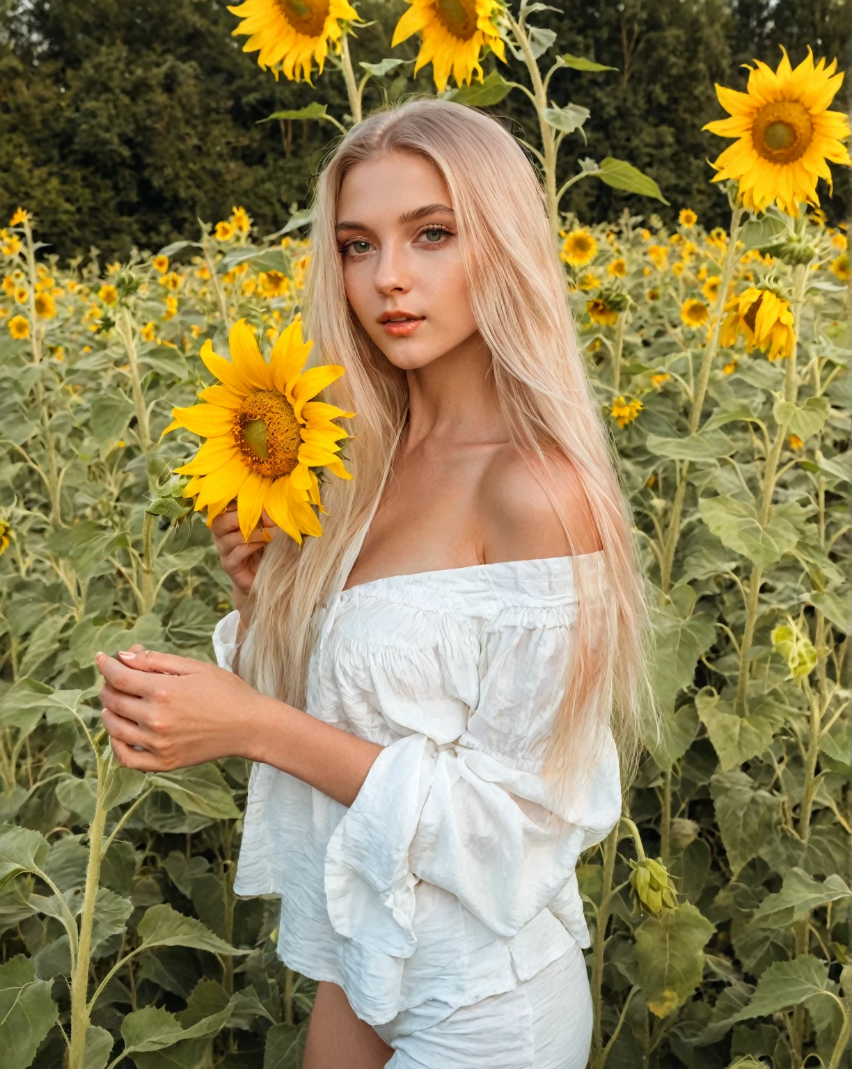 Blonde woman dressed in white holding sunflower in sunflower field., sunflowers in the background, Ukrainian girl, Anna Nikonova aka Newmilky, young woman infp, art album, 2 4 year old female model, beautiful blonde girl, Instagram Template, avatar image, with flowers, album photo, swedish blonde woman, sexy girl with long blonde hair, with long blonde hair