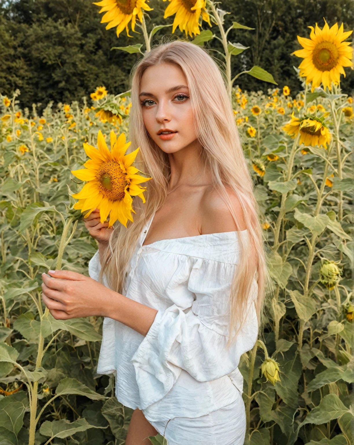Blonde woman dressed in white holding sunflower in sunflower field., sunflowers in the background, Ukrainian girl, Anna Nikonova aka Newmilky, young woman infp, art album, 2 4 year old female model, beautiful blonde girl, Instagram Template, avatar image, with flowers, album photo, swedish blonde woman, sexy girl with long blonde hair, with long blonde hair