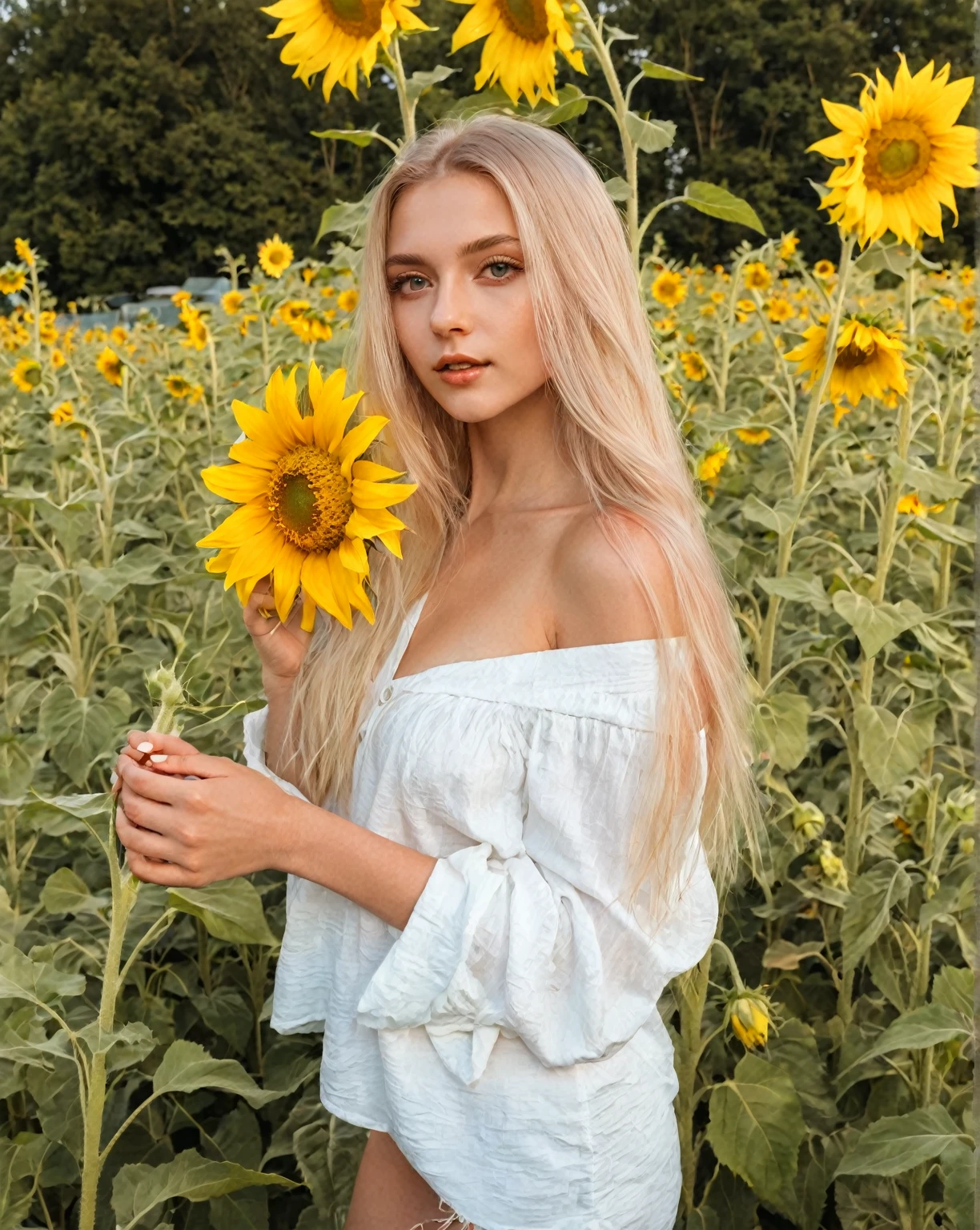 Blonde woman dressed in white holding sunflower in sunflower field., sunflowers in the background, Ukrainian girl, Anna Nikonova aka Newmilky, young woman infp, art album, 2 female model, beautiful blonde girl, Instagram Template, avatar image, with flowers, album photo, swedish blonde woman, sexy girl h long blonde hair, with long blonde hair