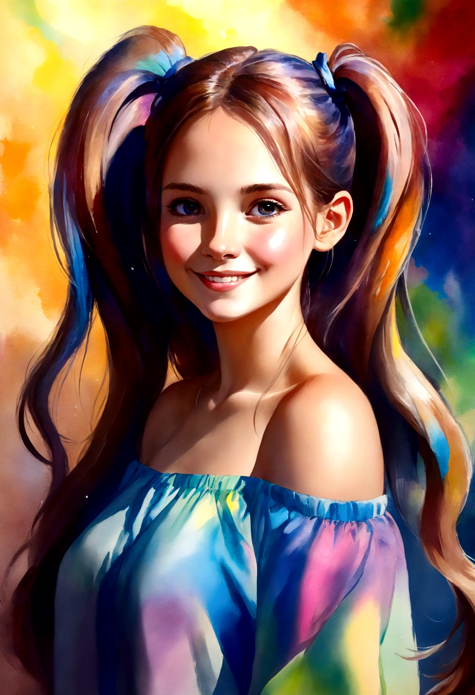 (masterpiece, best quality), ((1girl, (mature female) long hair), (looking at viewer, light smile, off shoulder), (abstract, multicolored background, abstract background, chromatic aberration), twin ponytails hair