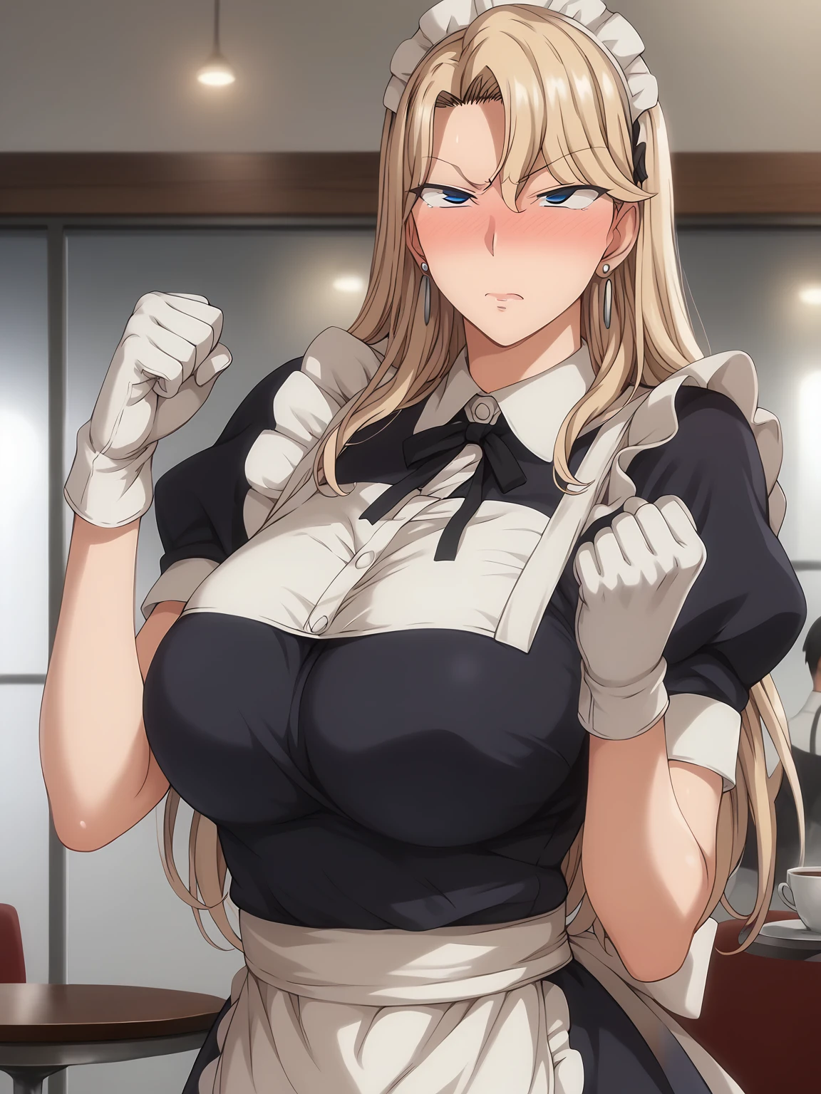 score_9, score_8_up, score_7_up, score_6_up, score_5_up, score_4_up,
source_anime, realistic,
1 girl, standing, cowboy shot, cafe,
BREAK
ReikaKurashiki, solo, 
large breasts, milf, mature woman,
blonde, long hair, blue eyes, earrings,
maid, black dress, short sleeves, white apron, miniskirt, white gloves,
full face blush, frustrated, clenched fist,