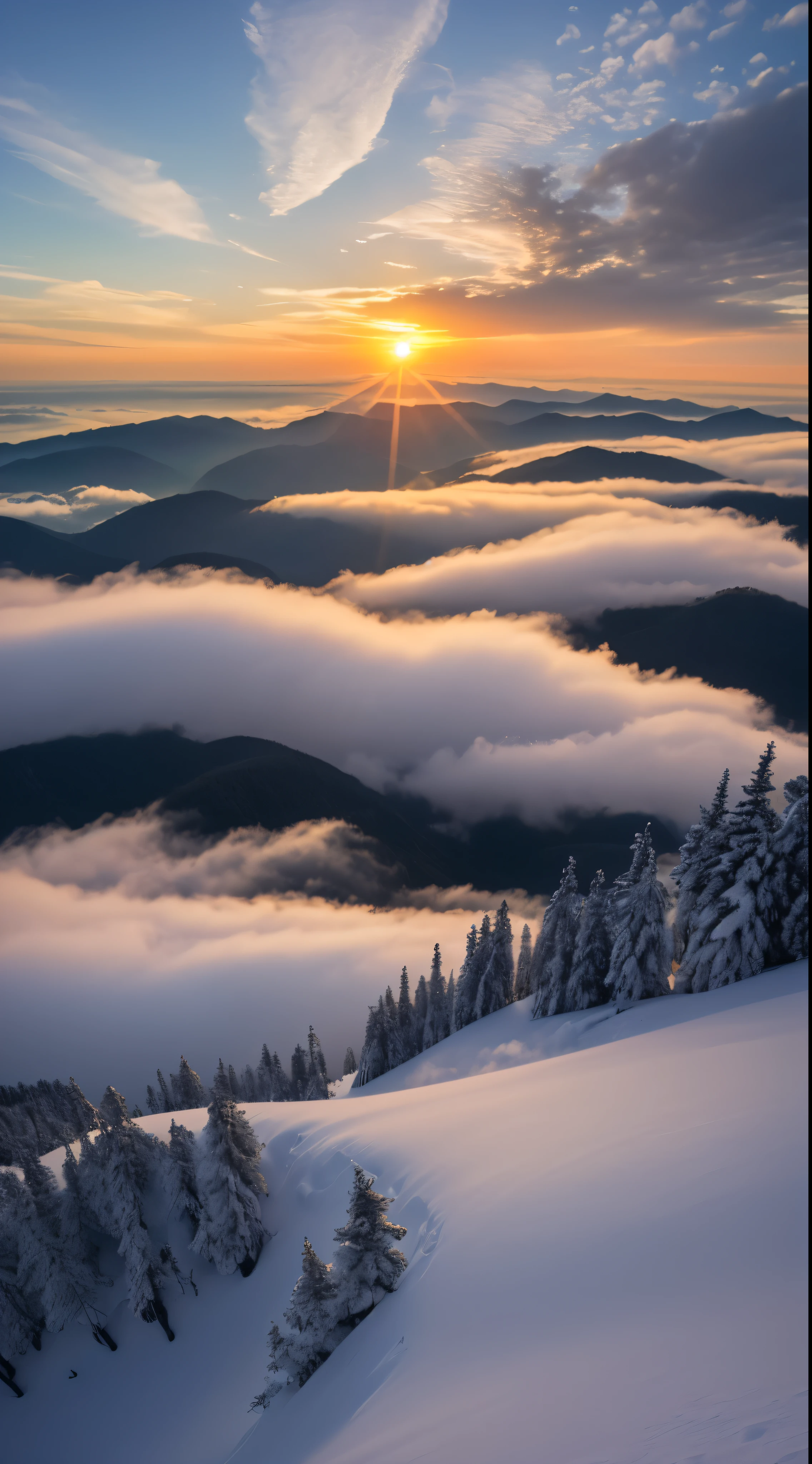 with high definition images，sunrise、horizon、sunrise、high quality，Watching from above the sea of clouds，From the top of the mountain
