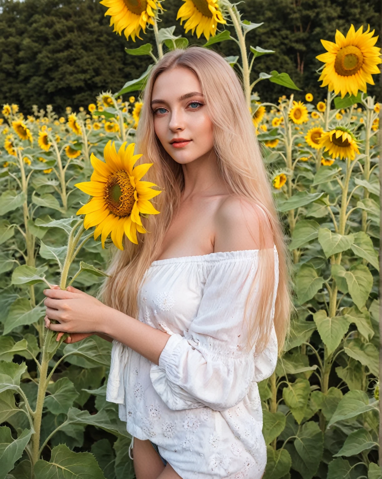 Blonde woman dressed in white holding sunflower in sunflower field., sunflowers in the background, Ukrainian girl, Anna Nikonova aka Newmilky, young woman infp, art album, 2 4 year old female model, beautiful blonde girl, Instagram Template, avatar image, with flowers, album photo, swedish blonde woman, sexy girl with long blonde hair, with long blonde hair