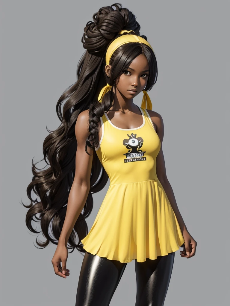 ((best quality)), ((4k)), ((highres)), ((masterpiece:1.2)). ((detailed)), ((ultra realistic)), ((intricate details)), ((full body picture)), ((character design sheet)), ((blank background)), ((standing in a blank background)), full body shot of a beautiful black female, ebony beauty, woman, 18 years old girl, dark brown skin, about 5'5 ft. tall, bushy long curly black hair, ((bushy long curly hair)), long hair, high pigtails, dressed in a yellow sleeveless babydoll dress, ((EMPHASIS ON HER YELLOW SLEEVELESS BABYDOLL DRESS)), black SHINY leggings PANTS and sneakers, fighting game character design, tekken character design, the king of fighters character concept art, character concept art, full body, 18 years old female fighter, girly girl, cute girl, girly fighter character concept art