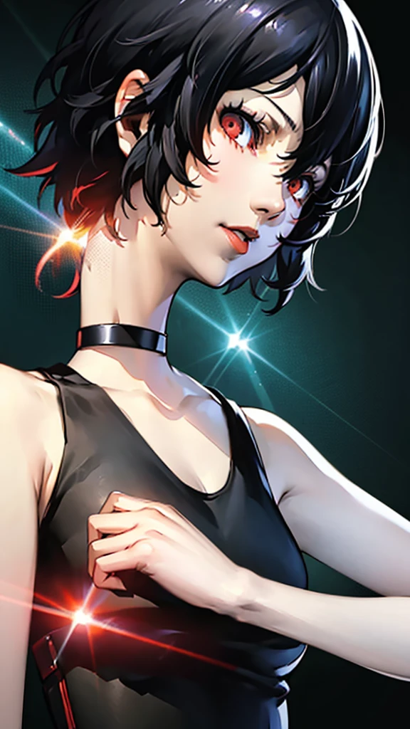 1 girl, very Short hair, tomboy Pixie haircut, black hair, red eyes, lipstick, black choker, face portrait, tank top, shigenori soejima style