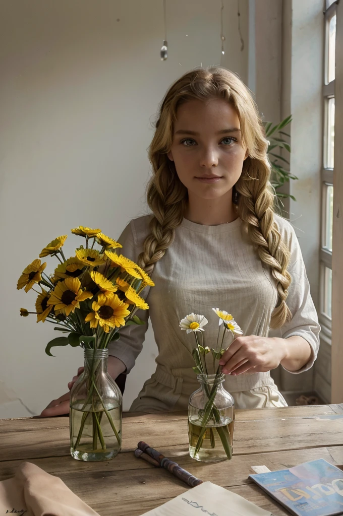 masterpiece, Best quality, cinematic detailed photo, a blonde girl sits at the table with a vase of wildflowers,  A high resolution