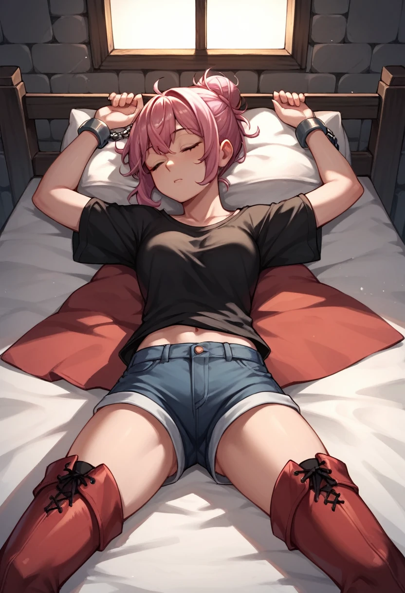 score_9, score_8_up, score_7_up, score_6_up, score_5_up, score_4_up, source_anime, 1girl,sleeping,Lying on the bed, pink hair, hair bun, white eyes, opened my eye a little, w-w-chain, spread arms, messy hair, black shirt,shorts,thigh high boots, red boots,morning,dungeon, best quality, best res, 4K UHD,
 