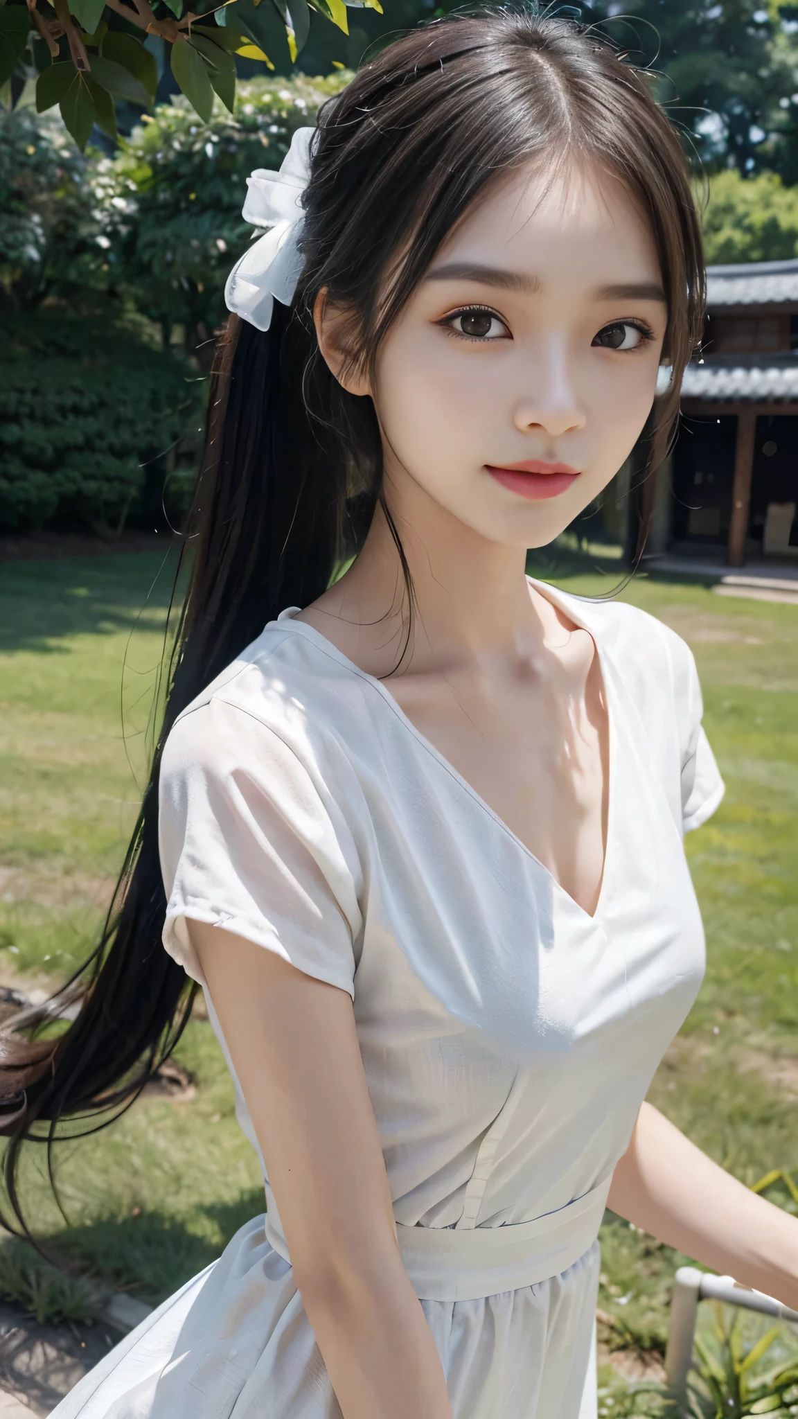 collared dress,European park,On the lawn,One woman,masutepiece, The highest image quality, High quality, the background is clear,Beautiful woman, Japanese,Ultra-detailed, finely detail, hight resolution, 8K Wallpaper, Perfect dynamic composition, Beautiful detailed eyes , Detailed, Detailed eyes, Detailed skin, Beautiful skin, 超hight resolution, (reality: 1.4),Very beautiful woman, Slightly younger face, Beautiful skin, slender, (Ultra photo realsisim), (hight resolution), (8K), (Very detailed) (beautifully detailed eyes), (super detailed), (Detailed face), view the viewer, Fine details, Detailed face, Staring straight ahead, Staring straight ahead, photos realistic, Bright lighting, Professional Lighting, Black hair,poneyTail,a baby face,sixteen years old,Hairstyle: ponytail,Long ponytail hairstyle,slight smile,neat and tidy clothing,Beautiful Japanese KPOP idol photo, hair style is ponytail, my eyes are double and wide, baby face, smile and look straight ahead, slender, small breasts,Close up face,