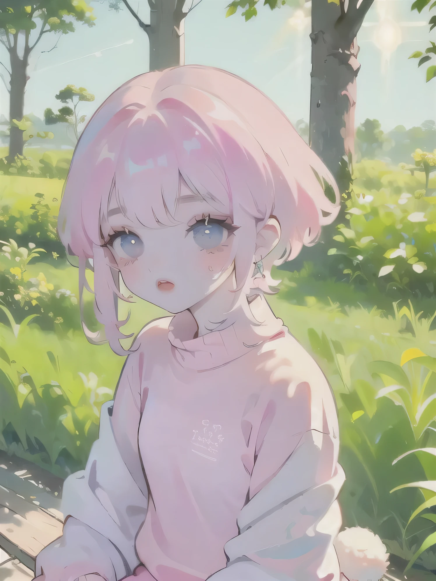 (high quality) (best quality) (a woman) (correct physiognomy) (perfect students) (perfect eyes) anime woman, deep pink, long and fluffy hair, two rabbit ears coming out of her head, blue eyes, lips sensitive, feminine appearance, soft facial features, thin eyebrows, soft skin, rosy cheeks, pink lips, silky eyelashes, dreamy expression, middle age, youthful clothing, print sweatshirt, photo illuminated by sunlight, Woman sitting on forest.