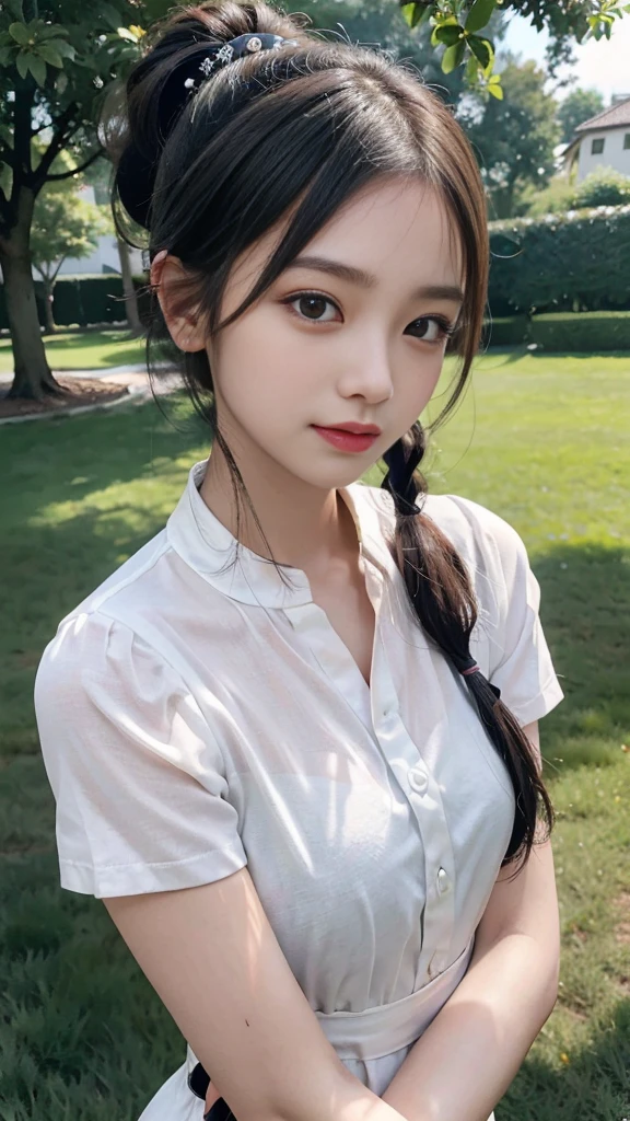 collared dress,European park,On the lawn,One woman,masutepiece, The highest image quality, High quality, the background is clear,Beautiful woman, Japanese,Ultra-detailed, finely detail, hight resolution, 8K Wallpaper, Perfect dynamic composition, Beautiful detailed eyes , Detailed, Detailed eyes, Detailed skin, Beautiful skin, 超hight resolution, (reality: 1.4),Very beautiful woman, Slightly younger face, Beautiful skin, slender, (Ultra photo realsisim), (hight resolution), (8K), (Very detailed) (beautifully detailed eyes), (super detailed), (Detailed face), view the viewer, Fine details, Detailed face, Staring straight ahead, Staring straight ahead, photos realistic, Bright lighting, Professional Lighting, Black hair,poneyTail,a baby face,sixteen years old,Hairstyle: ponytail,Long ponytail hairstyle,slight smile,neat and tidy clothing,Beautiful Japanese KPOP idol photo, hair style is ponytail, my eyes are double and wide, baby face, smile and look straight ahead, slender, small breasts,Close up face,