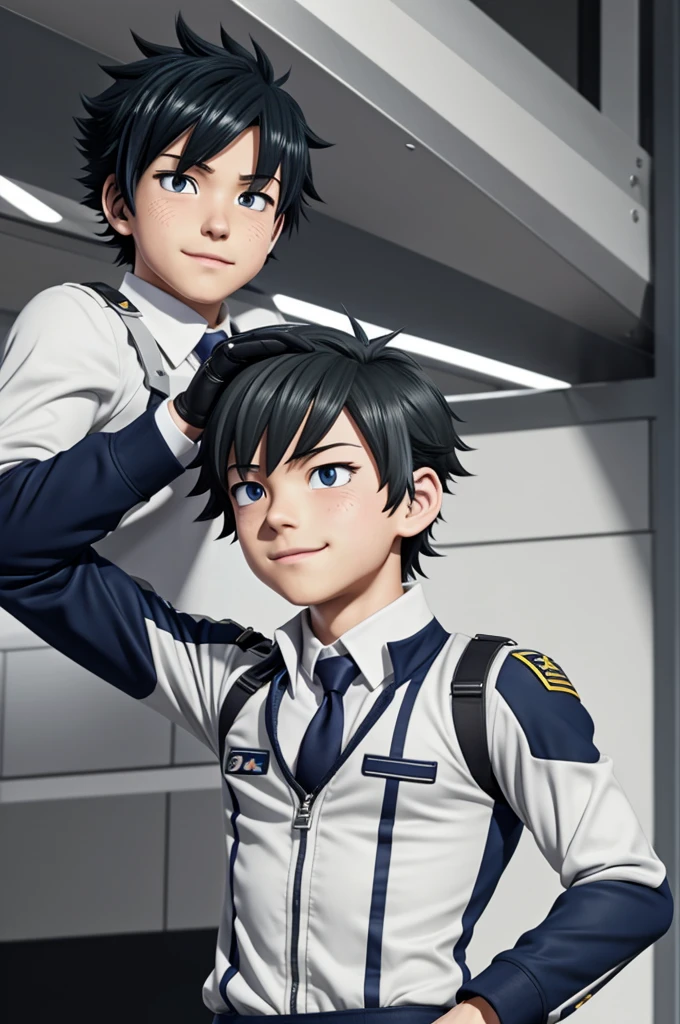 Screenshot Boku no Hero Academia. Jet boy with gray eyes, effeminate looking in the academy uniform