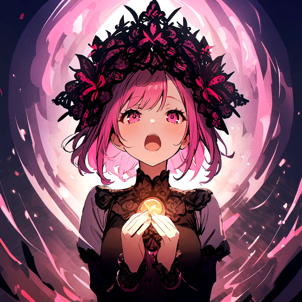 Girl with pink hair、Hold your head with both hands、Open your mouth wide、shout、frantic