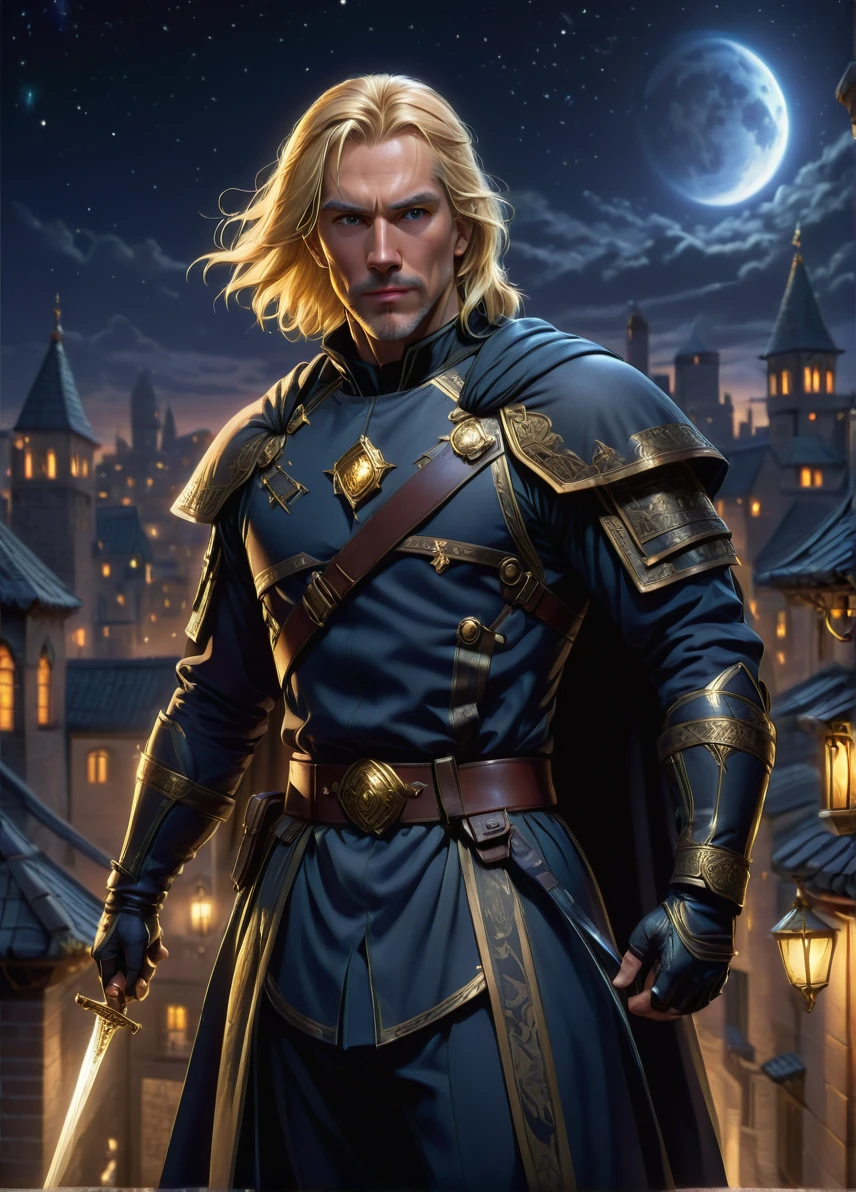 thief , mature slim male, blond hair, skinny, cloaking symbols and patterns, stealthy, face mask, night roofs with stary sky , holding an dagger, full shot, ((looking at viewer:1.2), (from side:0.8)), full armor, athletic, volumetric lighting dynamic lighting, real shadows, vibrant contrasting colors, style of Stephen Hickman and Stan Manoukian, ultra realistic, masterpiece, high quality, highres, sharp focus, intricate, sharp details, highly detailed, rich color, 8K,