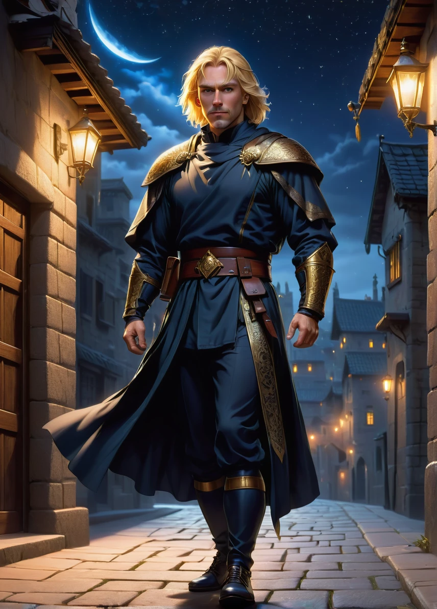 thief , mature slim male, blond hair, skinny, cloaking symbols and patterns, stealthy, face mask, night roofs with stary sky , holding an dagger, full shot, ((looking at viewer:1.2), (from side:0.8)), full armor, athletic, volumetric lighting dynamic lighting, real shadows, vibrant contrasting colors, style of Stephen Hickman and Stan Manoukian, ultra realistic, masterpiece, high quality, highres, sharp focus, intricate, sharp details, highly detailed, rich color, 8K,