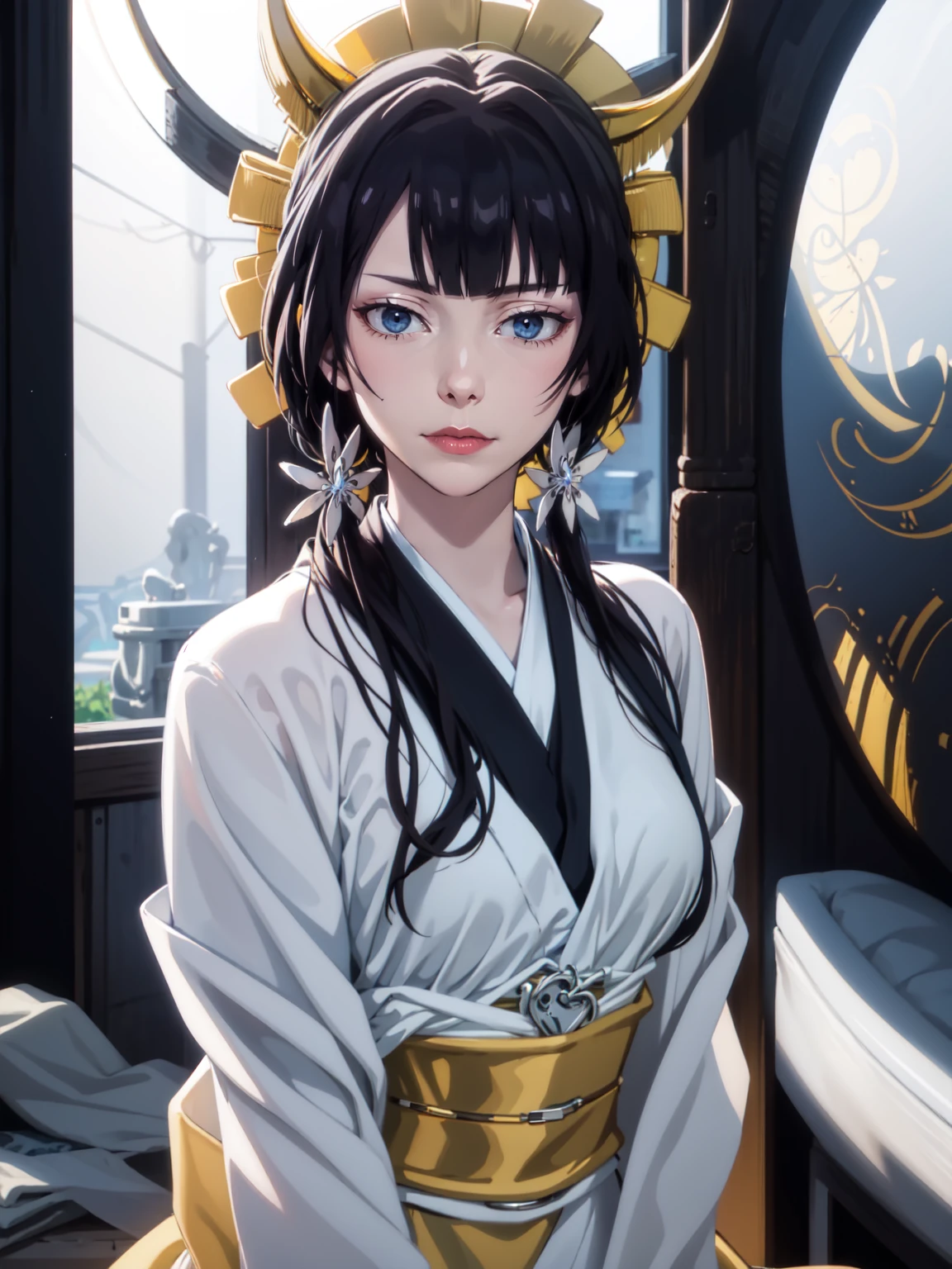 (Masterpiece, Best Quality:1.2), american shot, Alone, 1 girl, Izumi Kyouka, medium breasts, Expressionless, Closed mouth, looking at the viewer, hair ornament, japanese clothes, mature female, wearing SShutaraV4 dimples, SShutaraV4 body