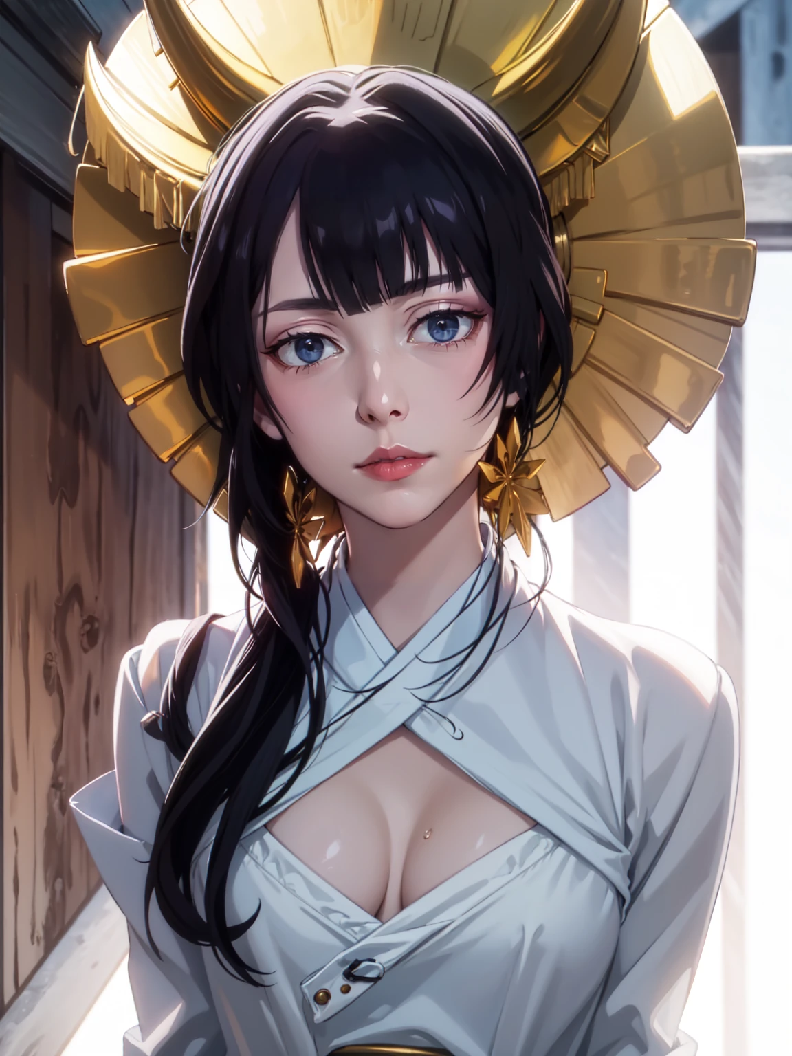 (Masterpiece, Best Quality:1.2), american shot, Alone, 1 girl, Izumi Kyouka, medium breasts, Expressionless, Closed mouth, looking at the viewer, hair ornament, japanese clothes, mature female, wearing SShutaraV4 dimples, SShutaraV4 body