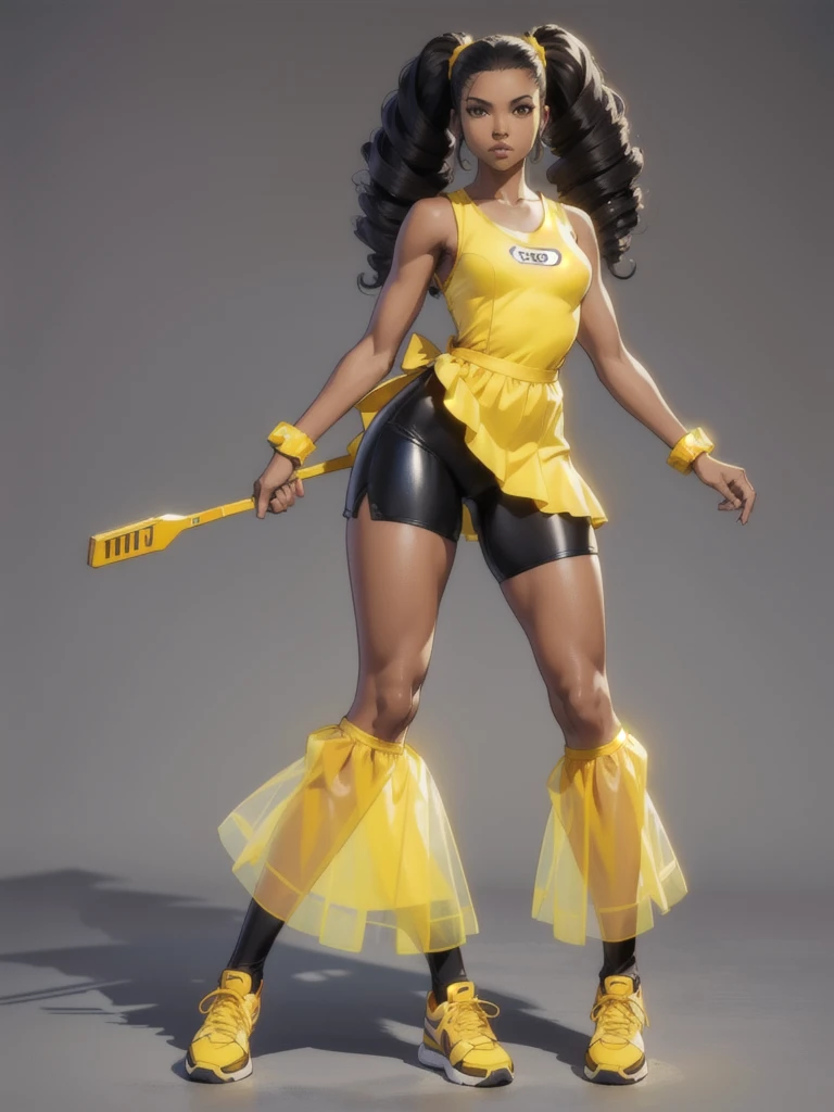 ((best quality)), ((4k)), ((highres)), ((masterpiece:1.2)). ((detailed)), ((ultra realistic)), ((intricate details)), ((full body picture)), ((character design sheet)), ((blank background)), ((standing in a blank background)), full body shot of a beautiful black female, ebony beauty, woman, 18 years old girl, dark brown skin, about 5'5 ft. tall, bushy long curly black hair, ((bushy long curly hair)), long hair, high pigtails, dressed in a yellow sleeveless doll dress, ((EMPHASIS ON HER YELLOW SLEEVELESS BABYDOLL DRESS)), black SHINY leggings PANTS and sneakers, fighting game character design, tekken character design, the king of fighters character concept art, character concept art, full body, 18 years old female fighter, girly girl, cute girl, girly fighter character concept art
