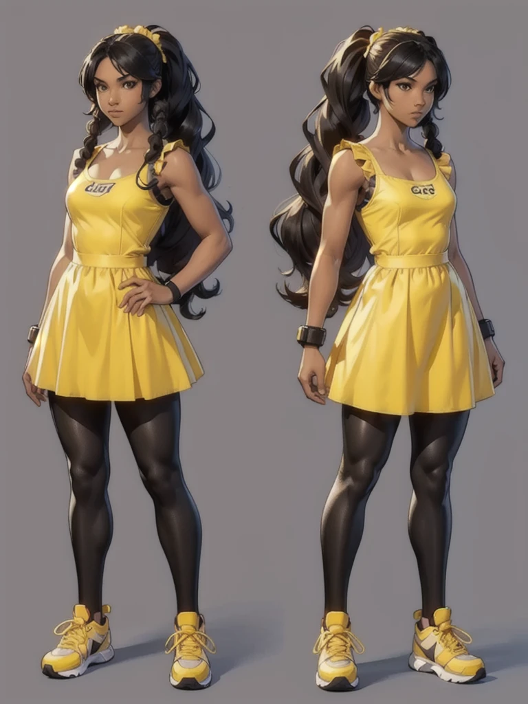 ((best quality)), ((4k)), ((highres)), ((masterpiece:1.2)). ((detailed)), ((ultra realistic)), ((intricate details)), ((full body picture)), ((character design sheet)), ((blank background)), ((standing in a blank background)), full body shot of a beautiful black female, ebony beauty, woman, 18 years old girl, dark brown skin, about 5'5 ft. tall, bushy long curly black hair, ((bushy long curly hair)), long hair, high pigtails, dressed in a yellow sleeveless babydoll dress, ((EMPHASIS ON HER YELLOW SLEEVELESS BABYDOLL DRESS)), black SHINY leggings PANTS and sneakers, fighting game character design, tekken character design, the king of fighters character concept art, character concept art, full body, 18 years old female fighter, girly girl, cute girl, girly fighter character concept art
