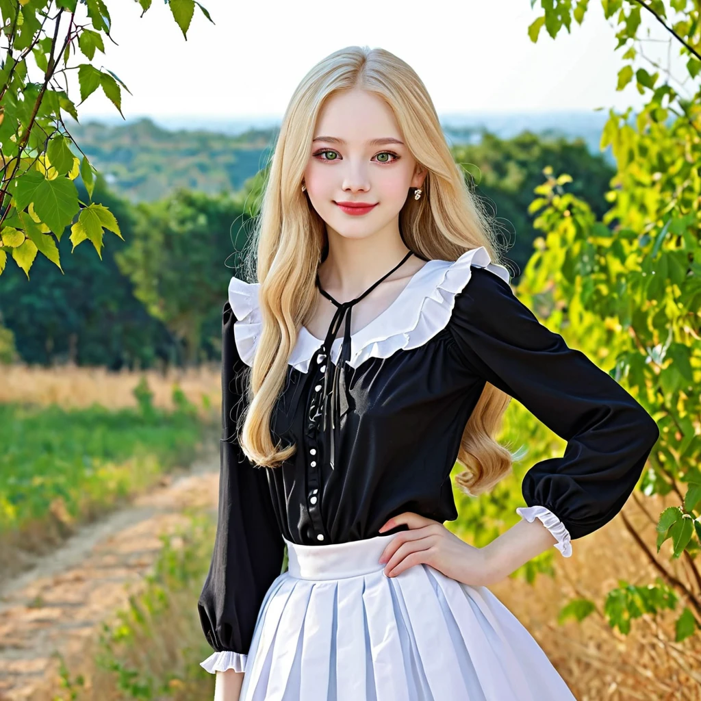 Dramatic light, straight angle, big black eyes, pretty and cute 16 year old girl, smile, pale white skin, rosy cheeks, wavy messy ginger hair, black lolita dress, lining in skirt, flared skirt, night sky view, stars