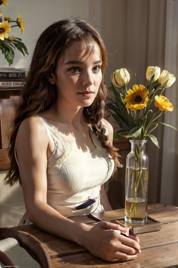 masterpiece, Best quality, Cinematic photo ((Best quality)), ((masterpiece)), (detailed), A woman sits at the table with a vase of flowers, photo, movie, A high resolution