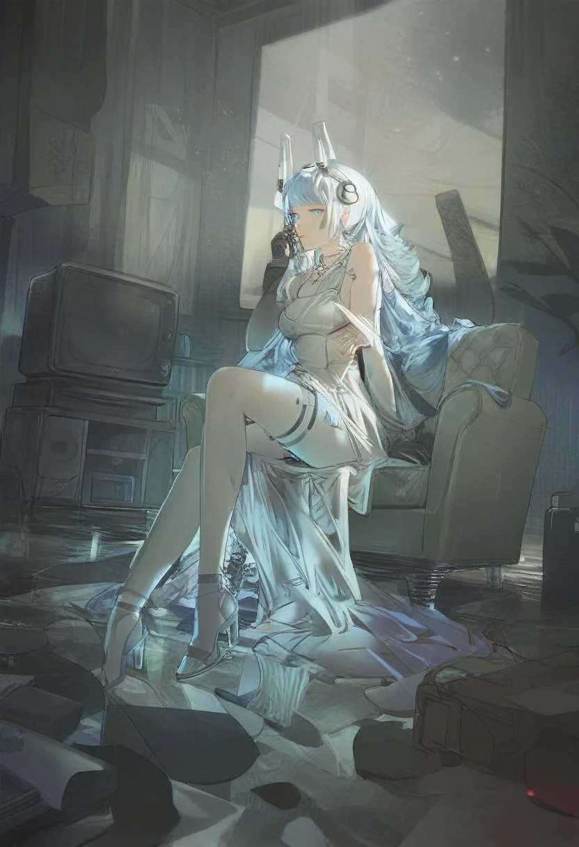 detailed, aesthetic, beautiful, beautiful color, amazing quality, best quality, living room, tv, sitting, couch, neo lights, sci-fi, night, 1girl, white hair, blue eyes, translucent dress, solo, long hair, smoking 