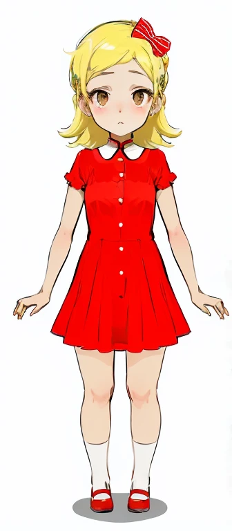 a cartoon girl in a red dress with a bow on her head, girl wears a red dress, wearing a red dress, girl in a dress, wearing red dress,  in dress, grayscale phtoto with red dress, anime girl wearing a black dress, wearing a dress, wearing a red sundress, wearing red attire, tall female emo art student