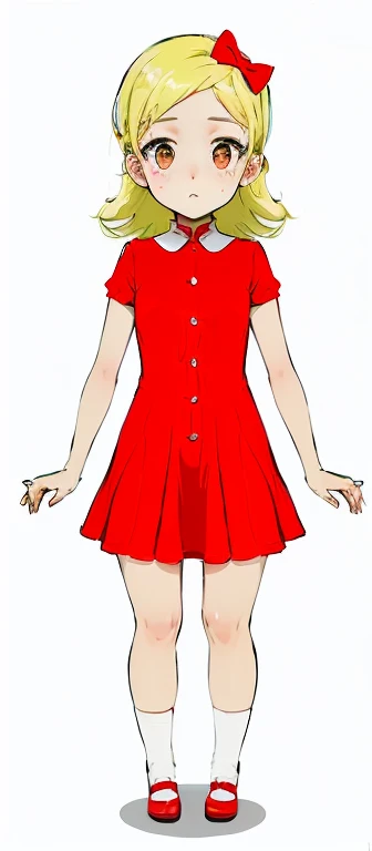 a cartoon girl in a red dress with a bow on her head, girl wears a red dress, wearing a red dress, girl in a dress, wearing red dress,  in dress, grayscale phtoto with red dress, anime girl wearing a black dress, wearing a dress, wearing a red sundress, wearing red attire, tall female emo art student