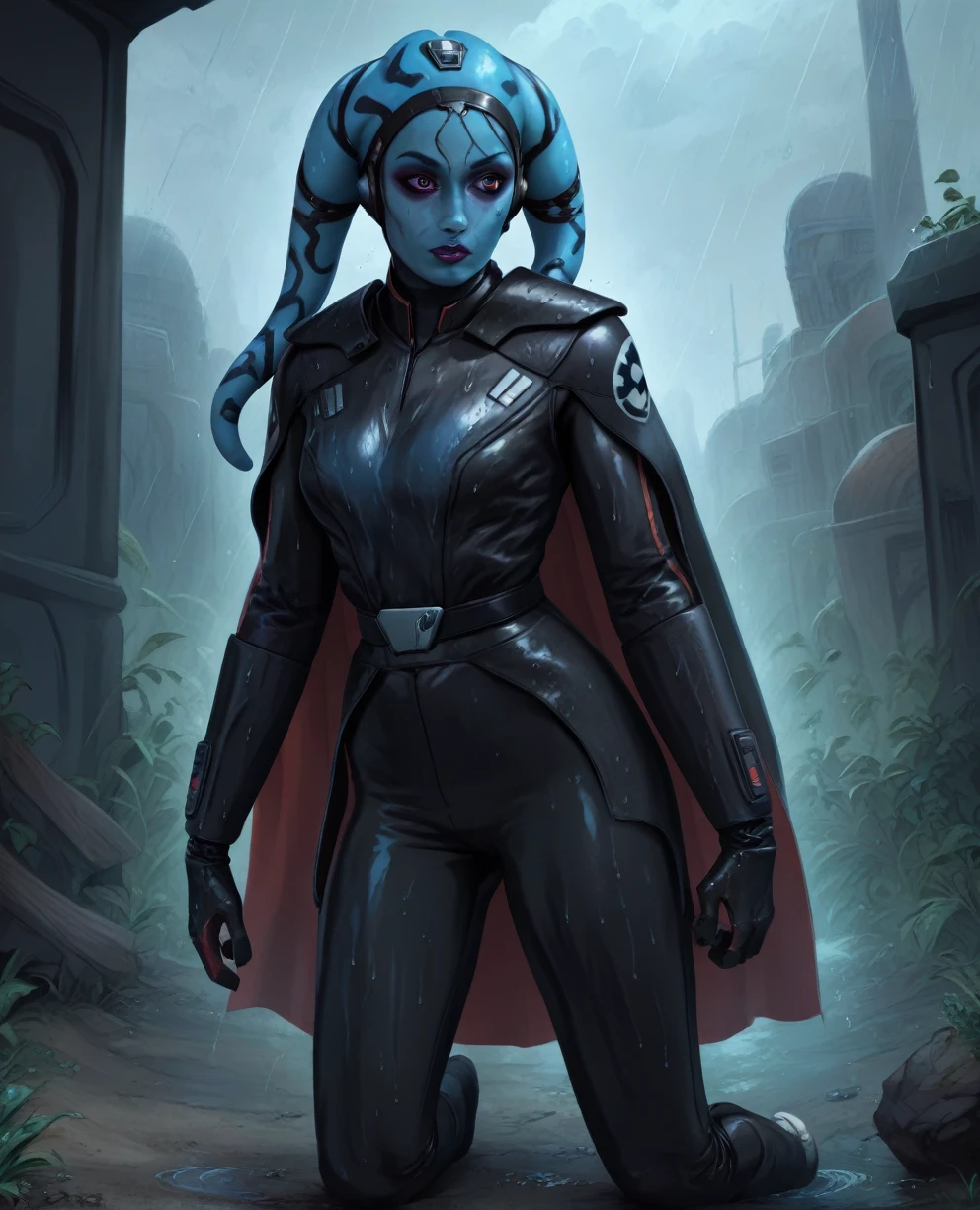 score_9,score_8_up,score_7_up,score_6_up, Female Twi'lek, Aayla Secura
 ,wearing armor
, FULL body, wet, armor,gloves,black bodysuit,black cape,belt,rain, science fiction,sith base, star wars, outdoors, rain, solo,fflixbag wearing armor sabine wren space_girl
