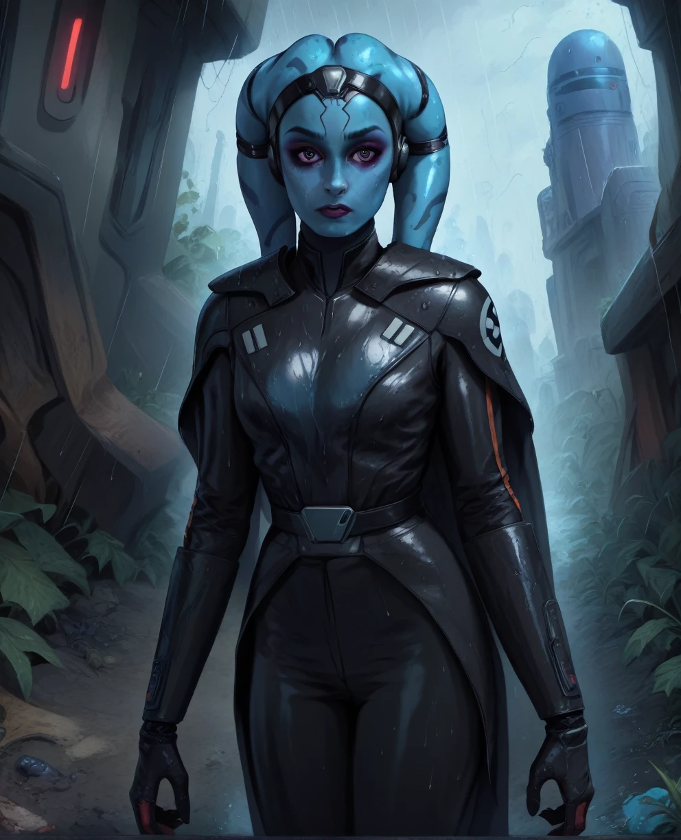 score_9,score_8_up,score_7_up,score_6_up, Female Twi'lek, Aayla Secura
,wearing armor
, FULL body, wet, armor,gloves,black bodysuit,black cape,belt,rain, science fiction,sith base, star wars, outdoors, rain, solo,fflixbag wearing armor sabine wren space_girl