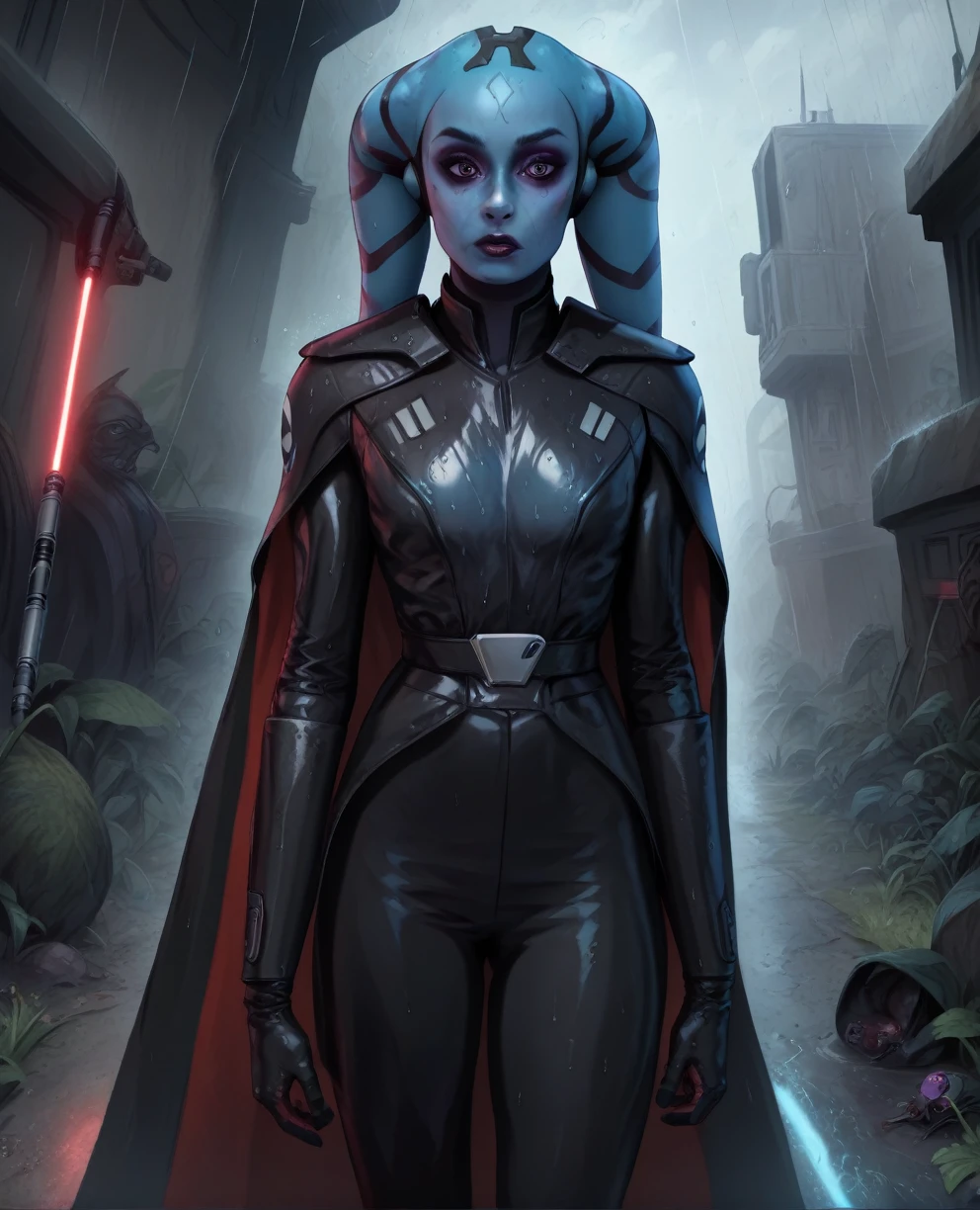 score_9,score_8_up,score_7_up,score_6_up, Female Twi'lek, Aayla Secura
 ,wearing armor
, FULL body, wet, armor,gloves,black bodysuit,black cape,belt,rain, science fiction,sith base, star wars, outdoors, rain, solo,fflixbag wearing armor sabine wren space_girl
