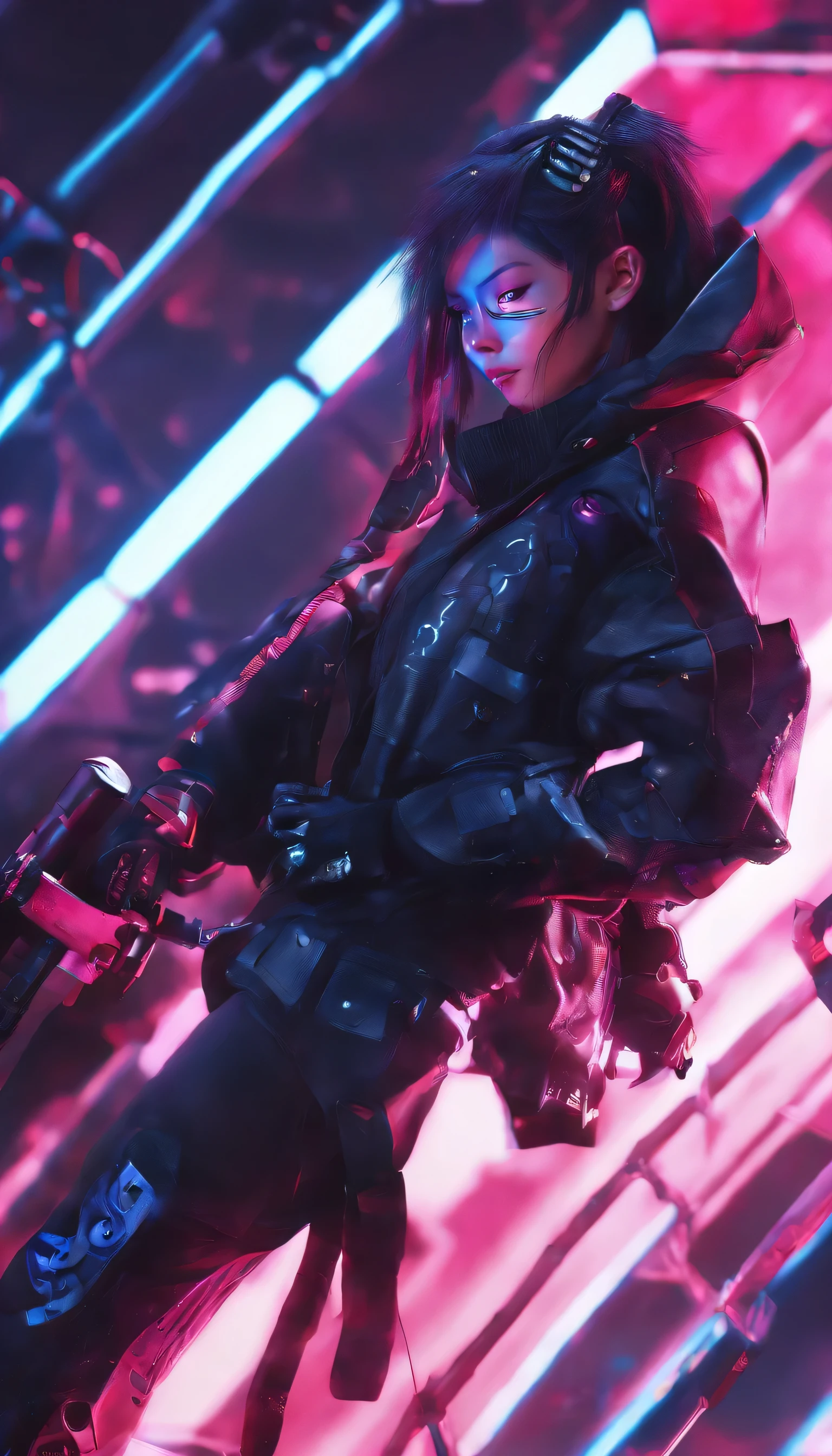 Sateen，the night，ember，Smile mask，coat large，Fighting posture，holding gun. Hyperrealistic version of a woman kneeling down with a sword in her hand, very beautiful cyberpunk samurai, anime cyberpunk art, cyberpunk samurai, cyberpunk anime art, anime cyberpunk, cgsociety 9, digital cyberpunk anime art, style of maciej kuciara.1girl, samurai armor, helmet oni evil mask,intricate, ornaments detailed, cold colors, metal, egypician detail, highly intricate details, realistic light, trending on cgsociety, glowing eyes, facing camera, neon details, ultra realistic details, portrait full body, japanese atmosphere, global illumination, shadows, octane render, 8k, ultra sharp.cool lolita.