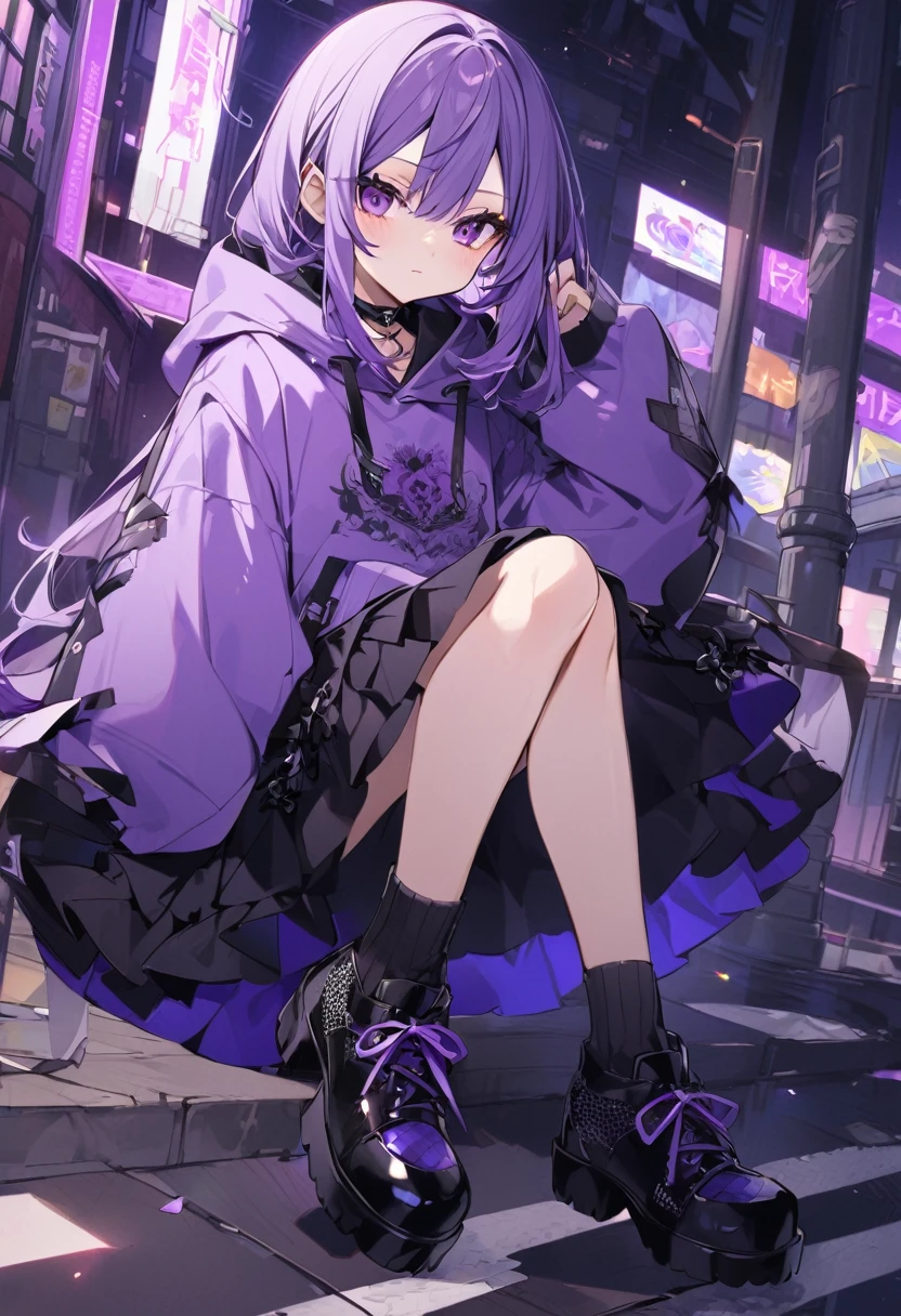 Keito。Purple Eyes。Purple Hair。Purple Skirt。Black shoes下。Black shoes。Purple hoodie