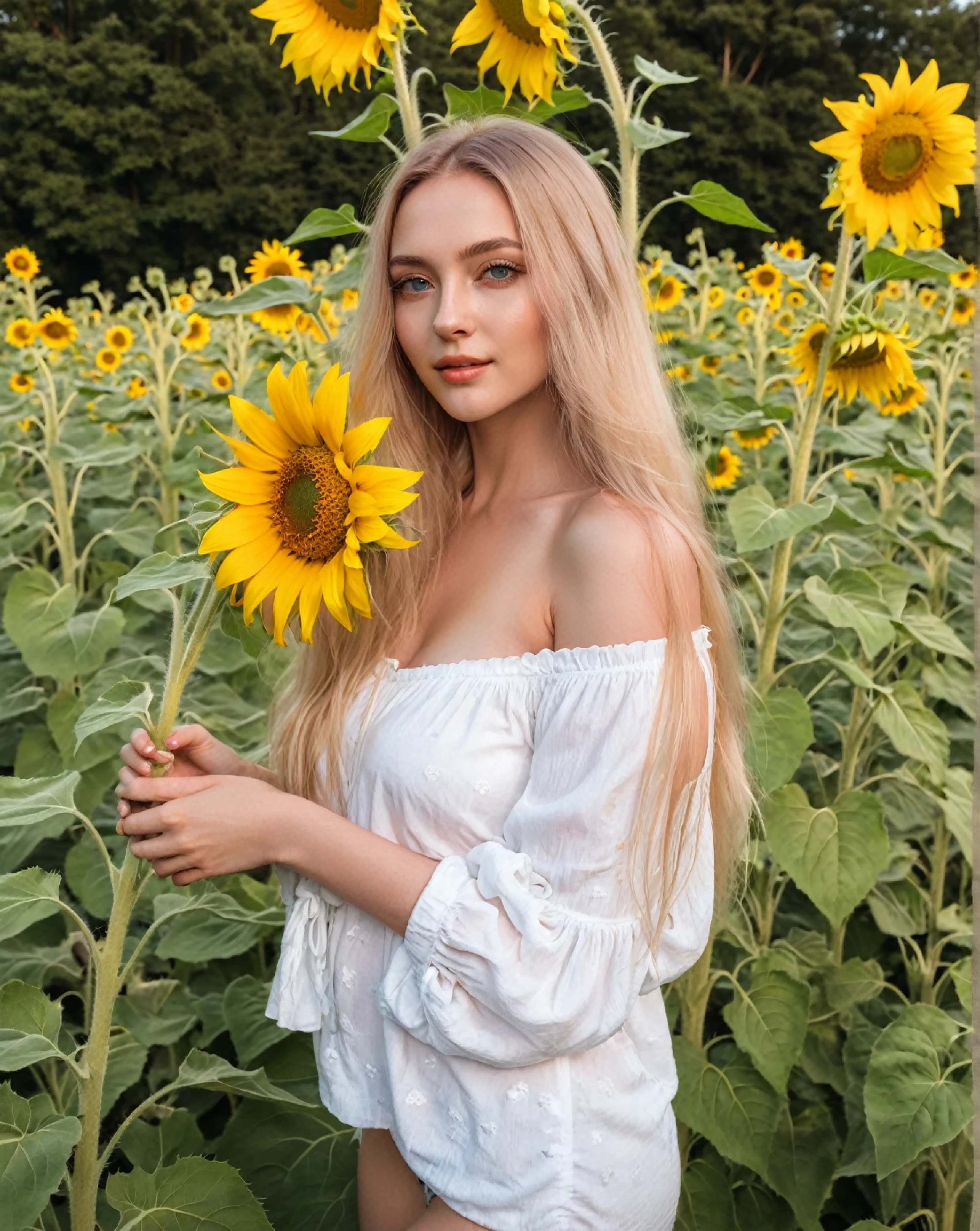 Blonde woman dressed in white holding sunflower in sunflower field., sunflowers in the background, Ukrainian girl, Anna Nikonova aka Newmilky, young woman infp, art album, 2 4 year old female model, beautiful blonde girl, Instagram Template, avatar image, with flowers, album photo, swedish blonde woman, sexy girl with long blonde hair, with long blonde hair