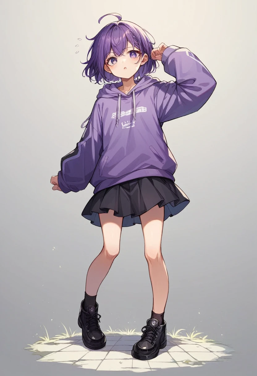 Keito。Purple Eyes。Purple Hair。Purple hoodie。Black Skirt。Black shoes下。Black shoes