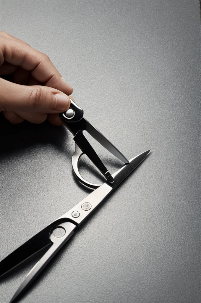 Black hair cutting scissors with a very faint flash of shine that makes a very open K shape and the background is only light gray