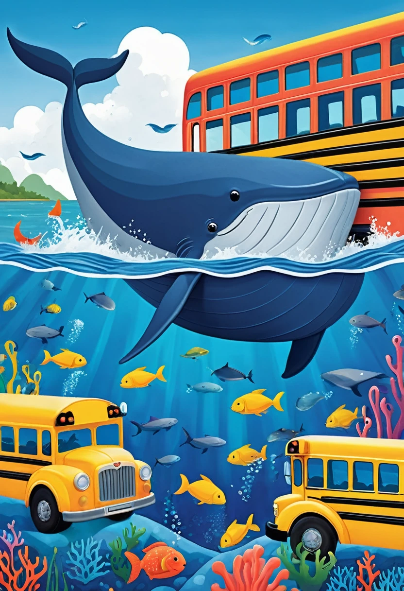Create a 3-D style art scene for kids featuring a blue whale swimming beside three school buses for size comparison. The scene should be colorful and vibrant, with an ocean background, coral reefs, and schools of fish. The overall mood should be engaging and inviting for young children